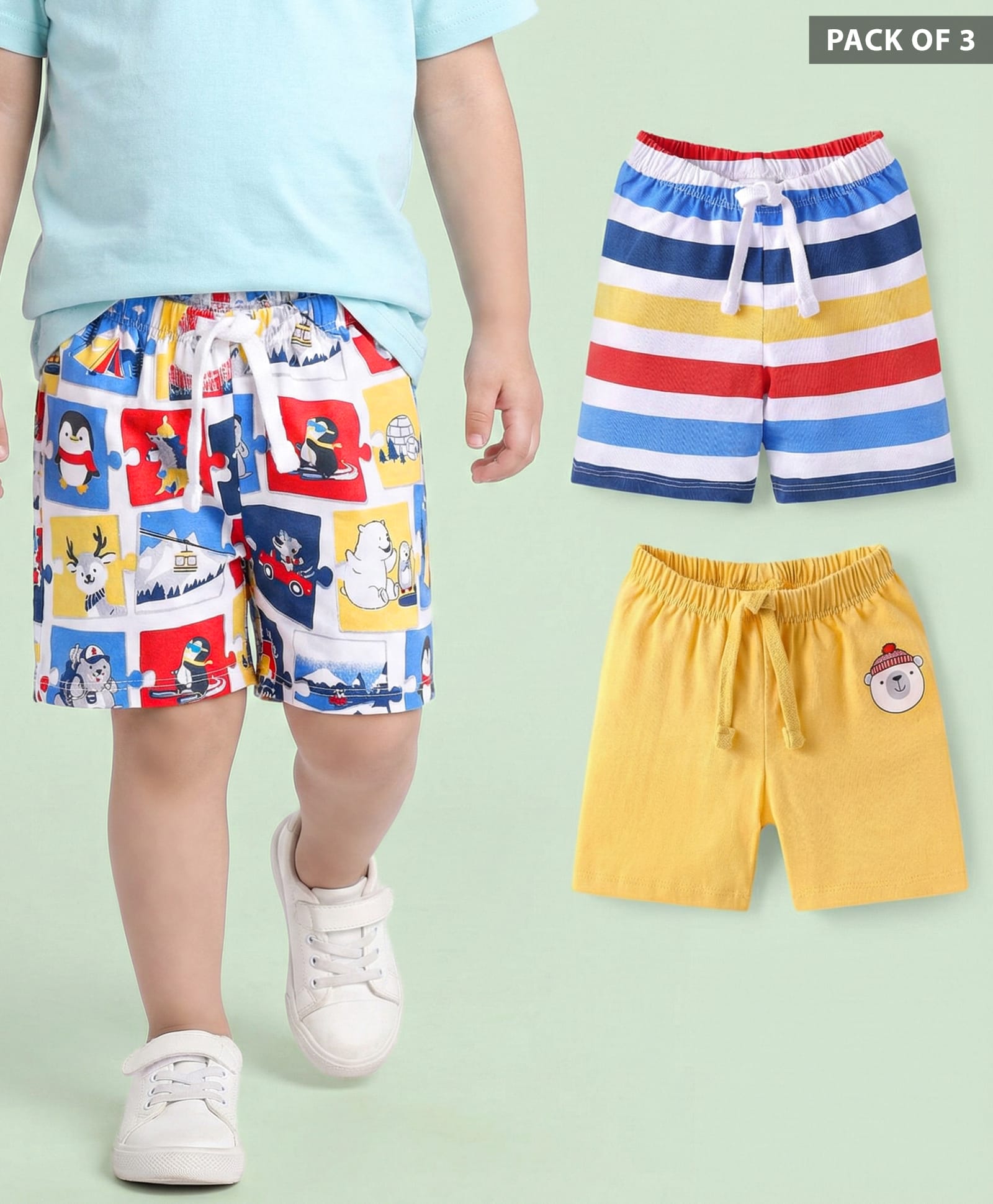 Babyhug Single Jersey Knit Shorts with Stripe & Animal Print Pack of 3 - Blue & Yellow-picture-15