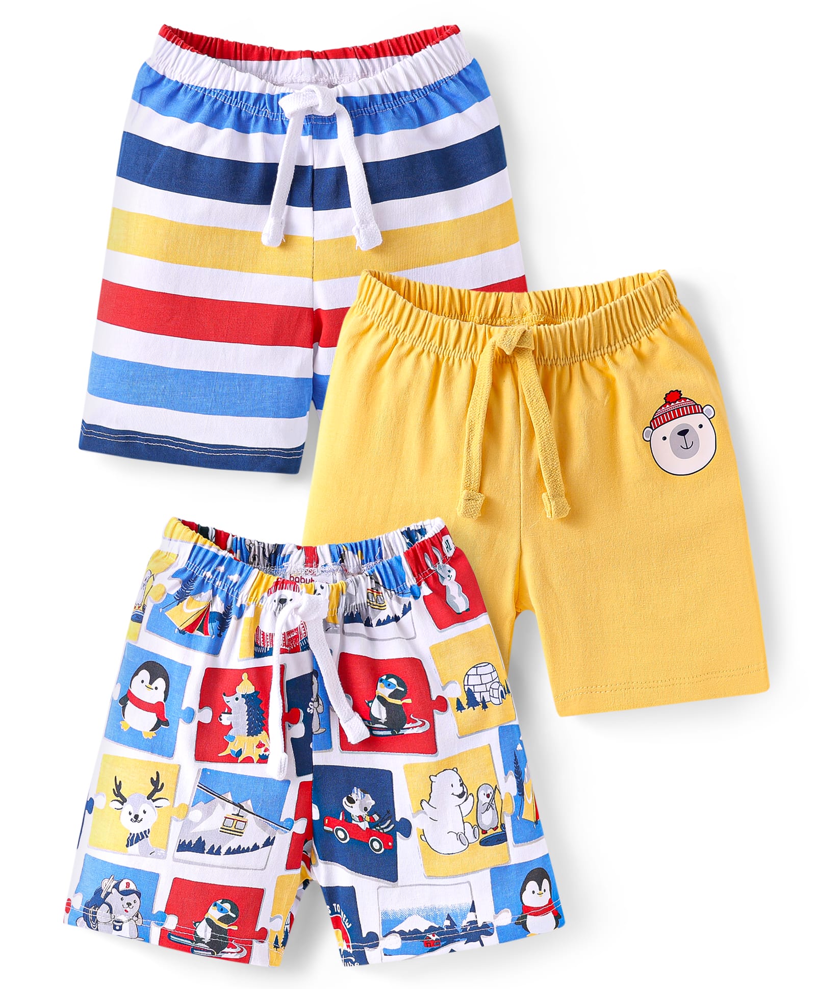 Babyhug Single Jersey Knit Shorts with Stripe & Animal Print Pack of 3 - Blue & Yellow