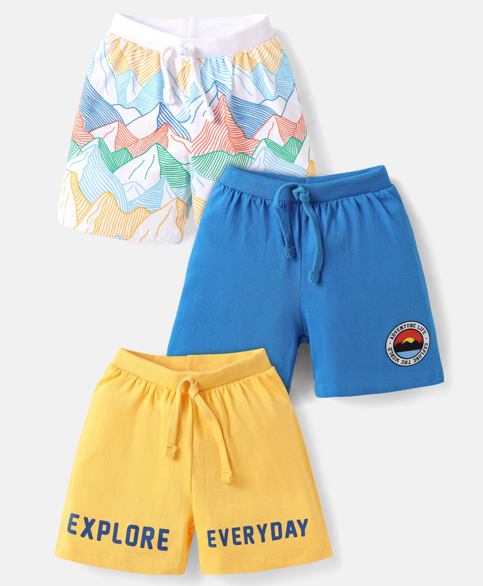 Babyhug Single Jersey Knit Shorts with Explore Theme & Text Print Pack of 3 - Yellow Blue & White