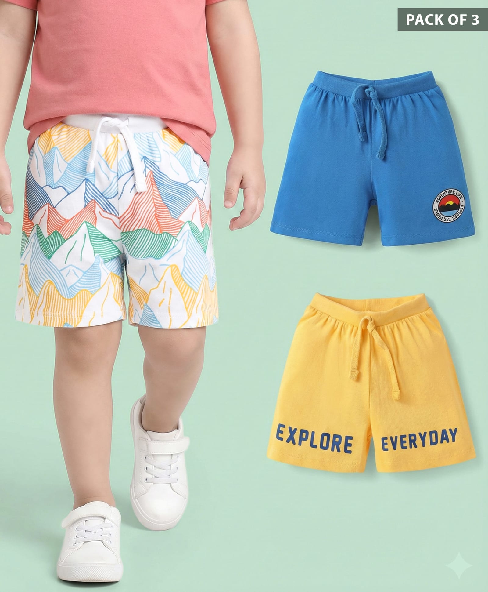 Babyhug Single Jersey Knit Shorts with Explore Theme & Text Print Pack of 3 - Yellow Blue & White-picture-26