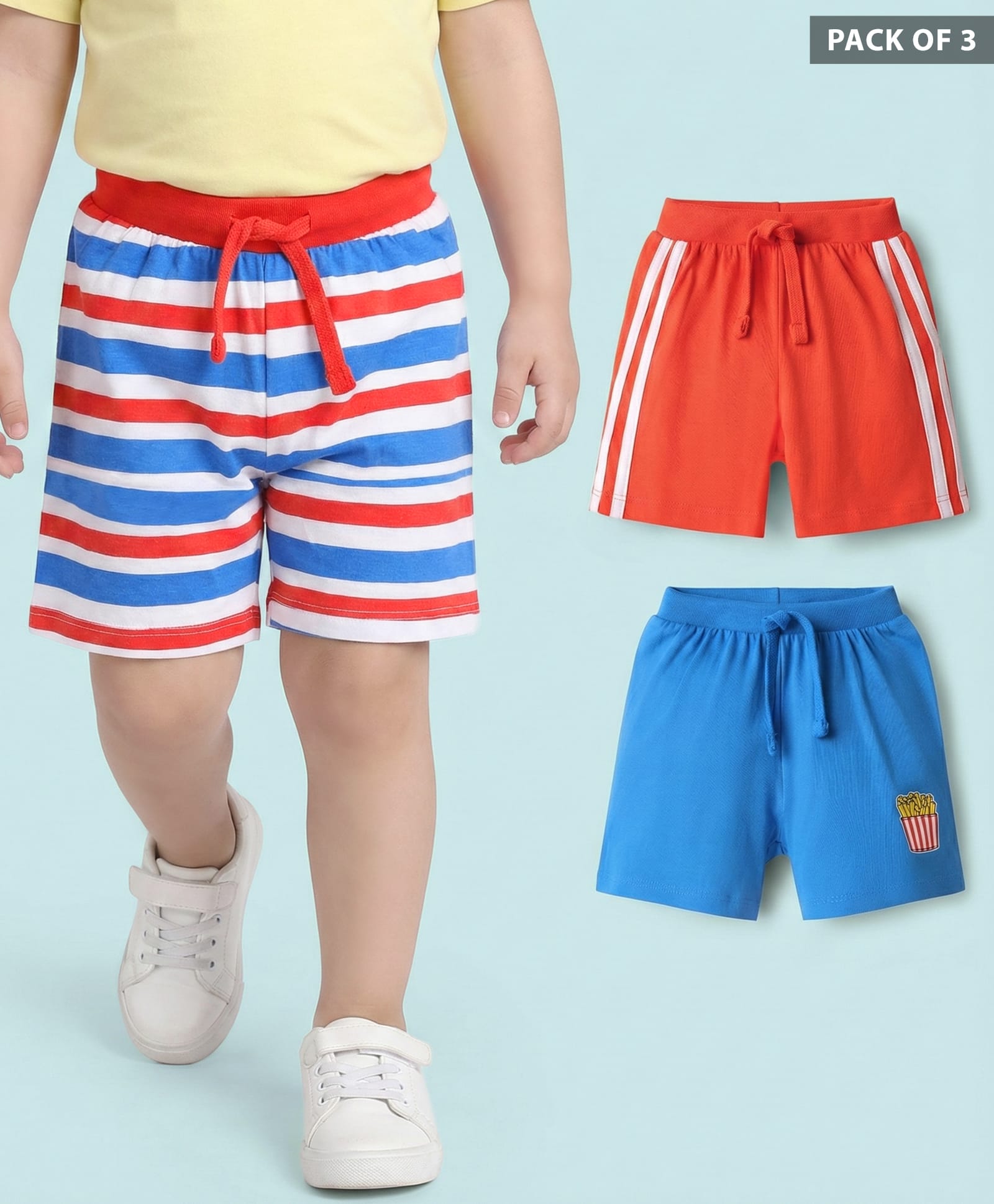 Babyhug Cotton Knit Shorts With Stripes & Fries Print Pack Of 3 - Red Blue & White-picture-10