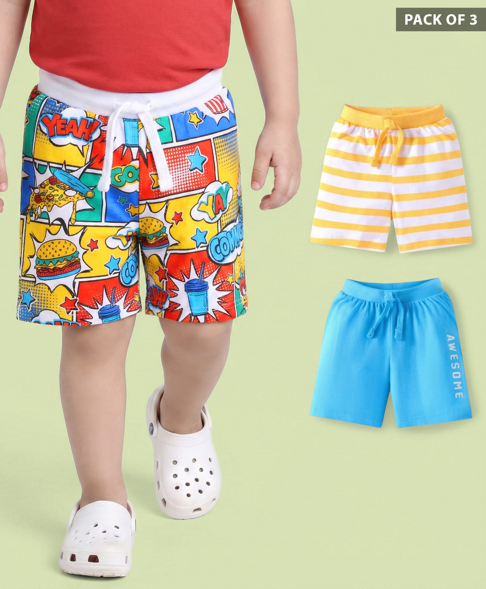 Babyhug Cotton Knit Shorts with Text Print & Stripes Pack of 3 - White Yellow & Light Blue-image-43