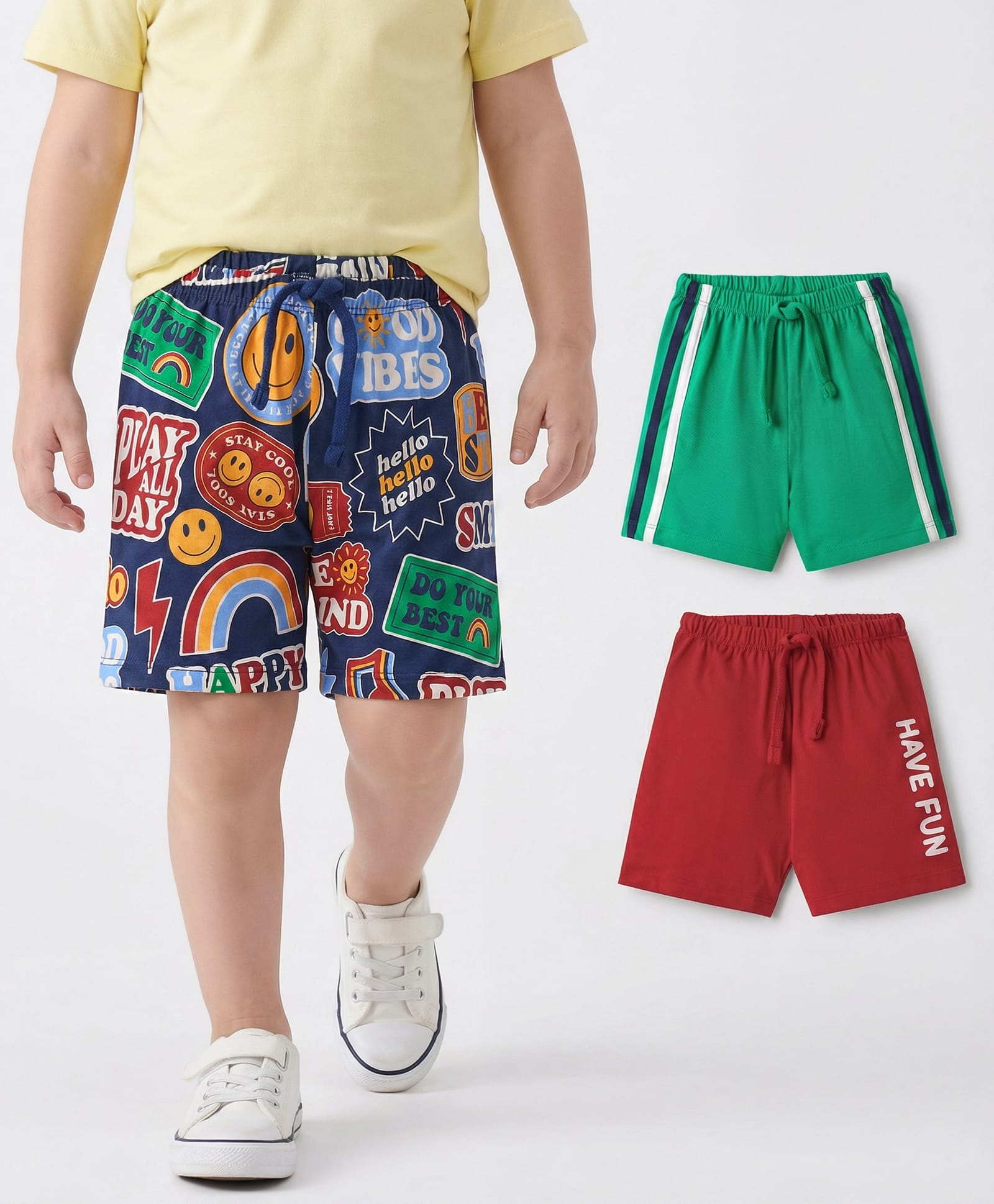 Babyhug Single Jersey Knit Shorts With Text Print Pack Of 3 - Green Blue & Red-picture-28