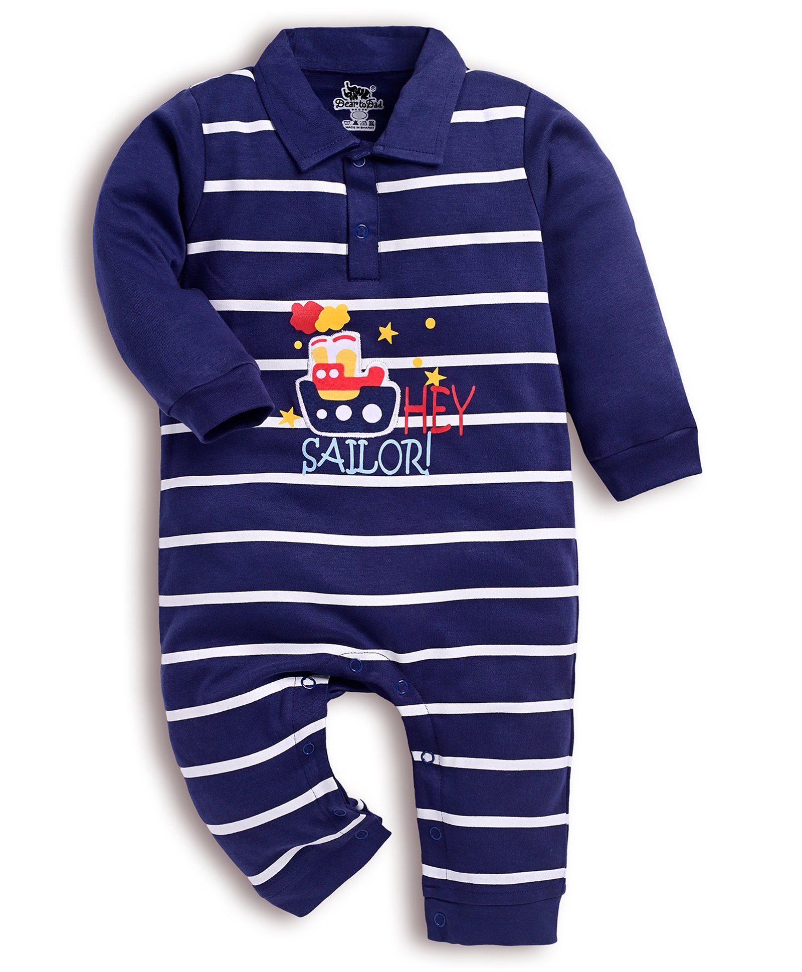 DEAR TO DAD Cotton Full Sleeves Striped & Ship Patch Detailed Romper - Blue-image-40