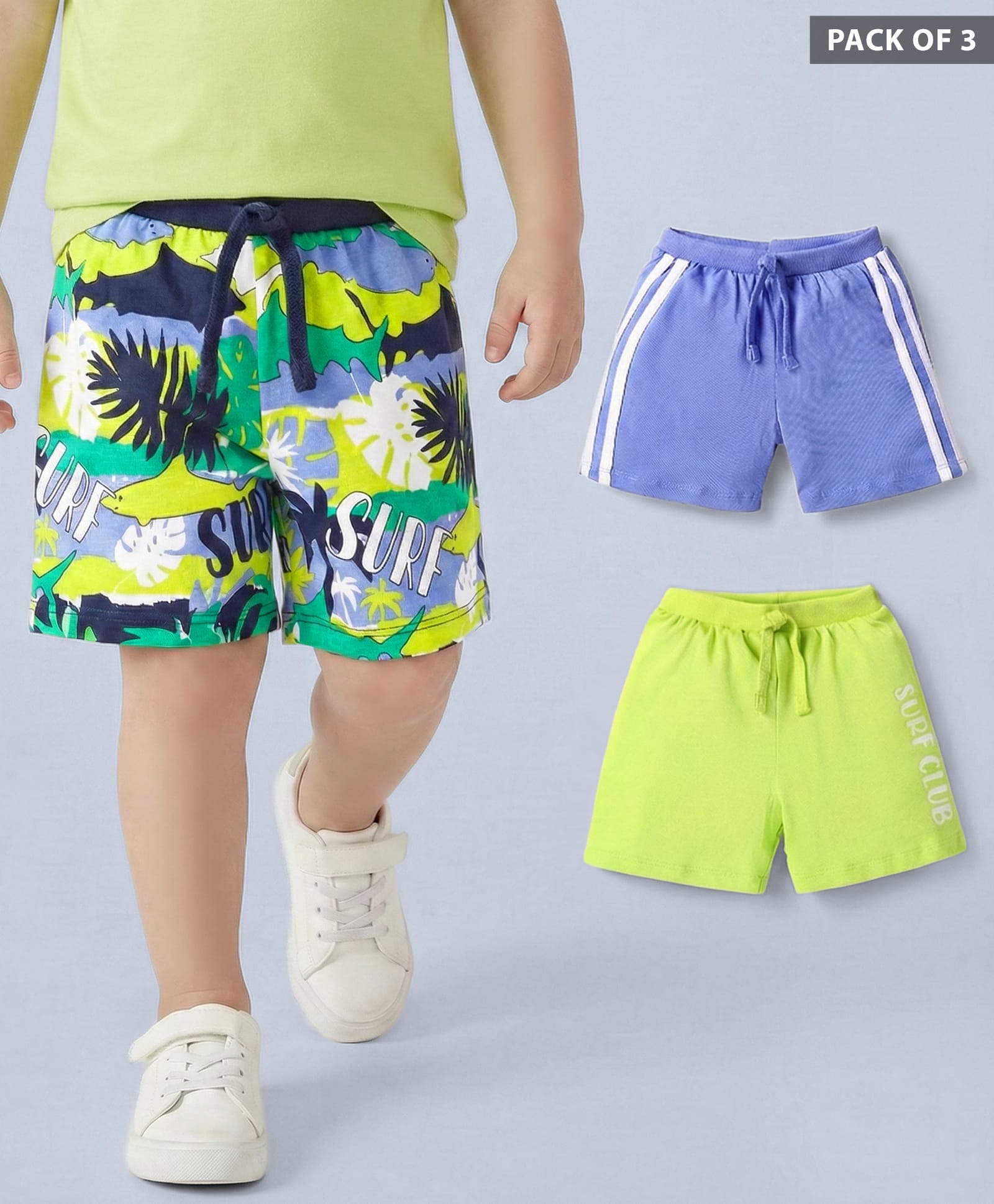 Babyhug Cotton Knit Shorts with Tropical Print Pack of 3 - Limegreen & Purple-picture-26