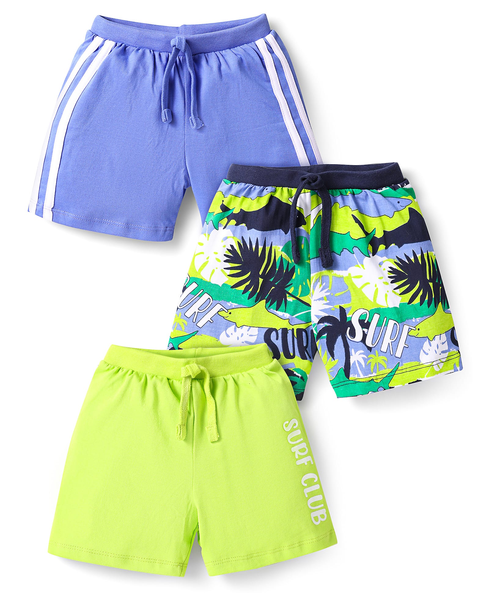 Babyhug Cotton Knit Shorts with Tropical Print Pack of 3 - Limegreen & Purple