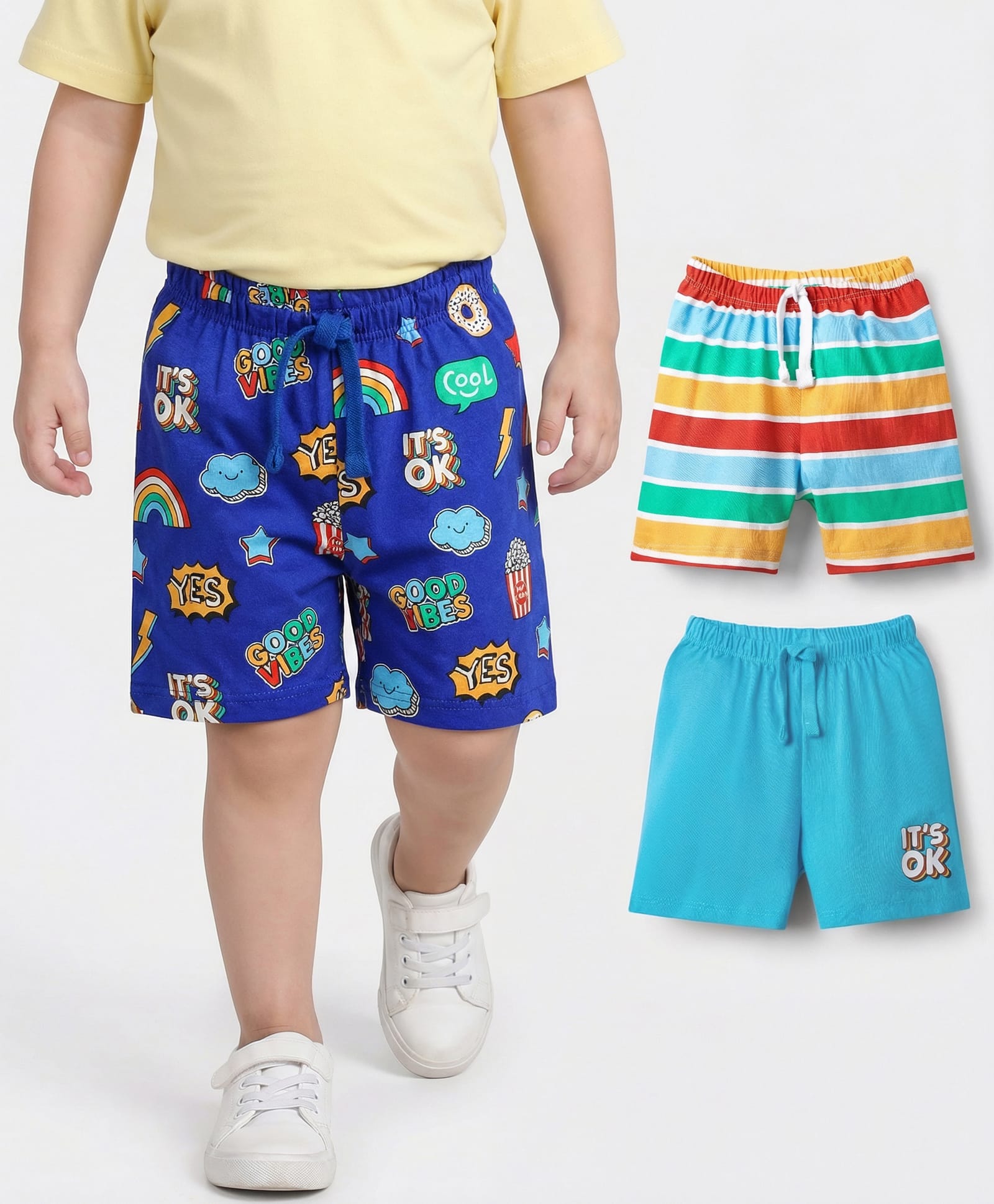Babyhug Cotton Single Jersey Knit Shorts With Stripes & Rainbow Print Pack Of 3 - Light Blue Navy Blue & Yellow-image-31