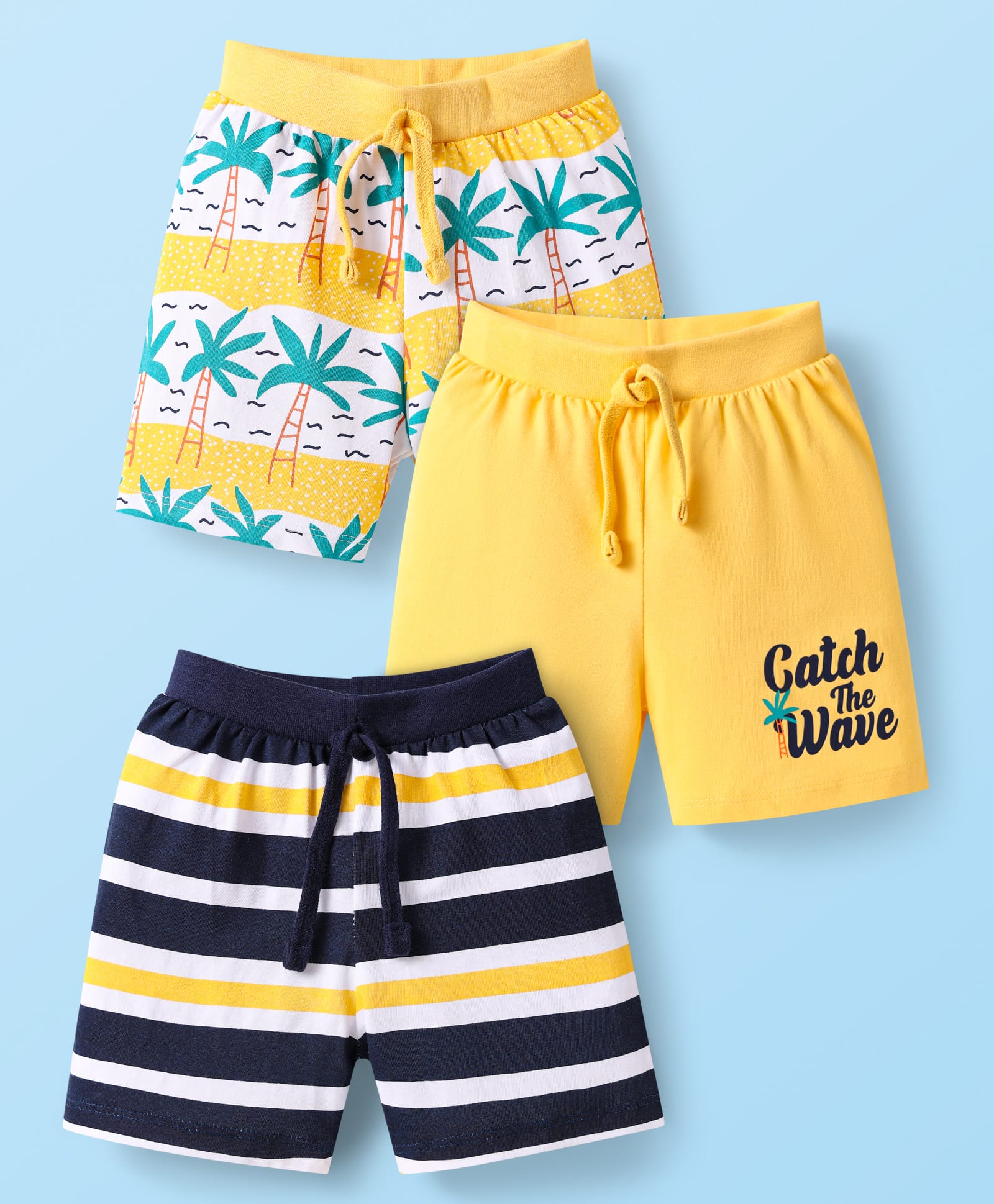 Babyhug Single Jersey Knit Shorts with Beach Theme Print Pack of 3 - Yellow & Black-image-40