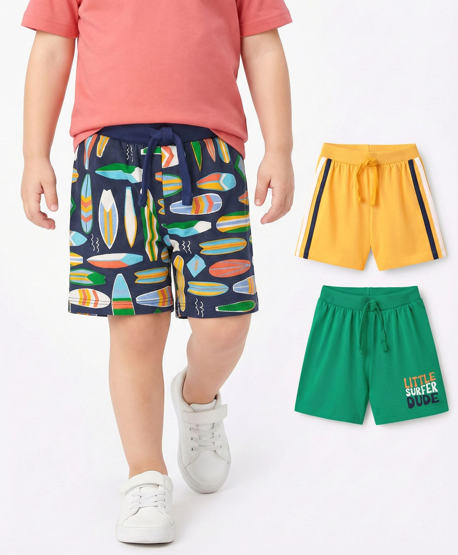 Babyhug Single Jersey Knit Shorts With Abstract Print Pack Of 3 - Yellow Green & Navy Blue-image-44