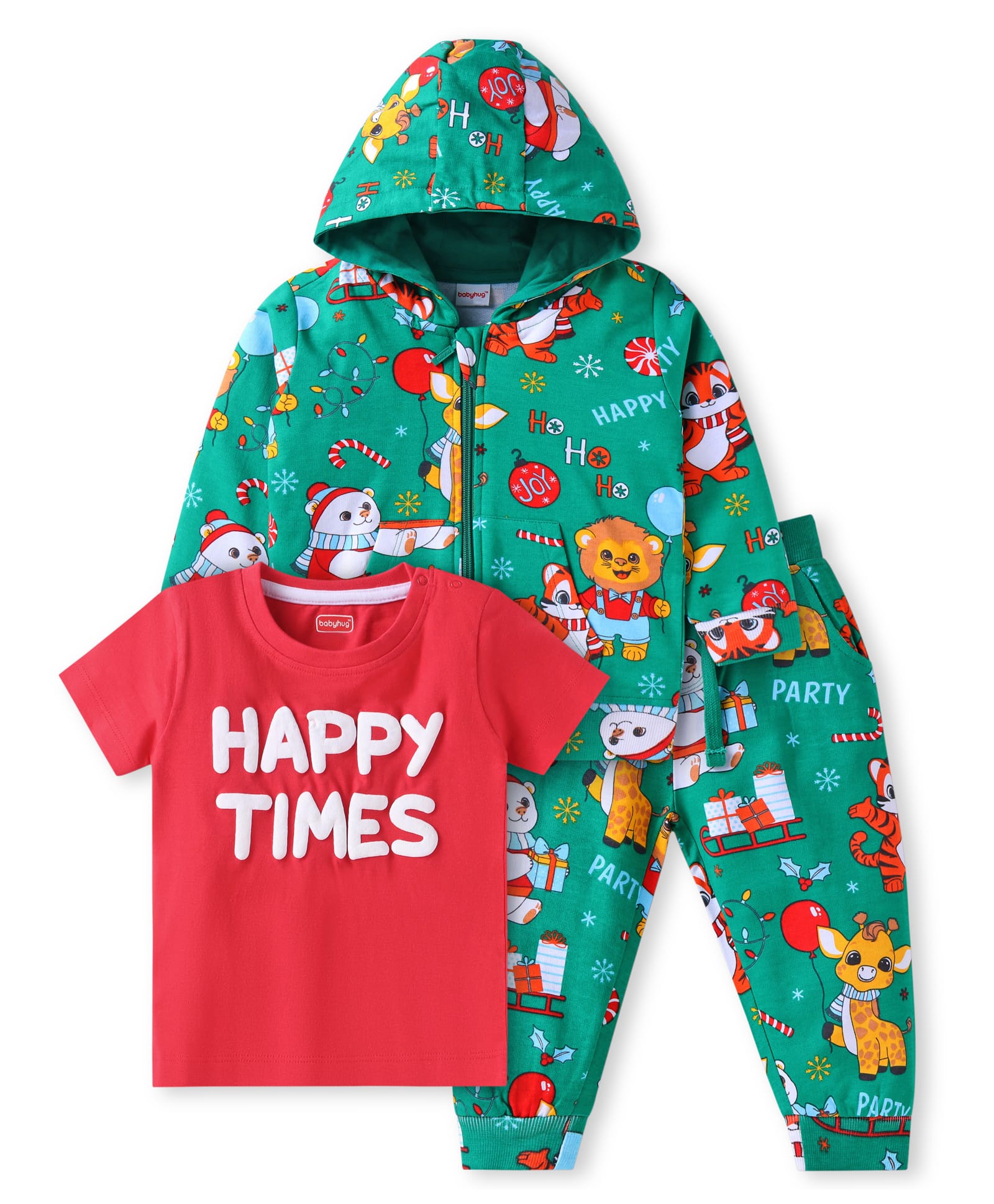 Babyhug Terry Knit Full Sleeves Hooded Jacket with Happy Times Printed T-Shirt & Lounge Pants with Animal Print - Green & Red-picture-25