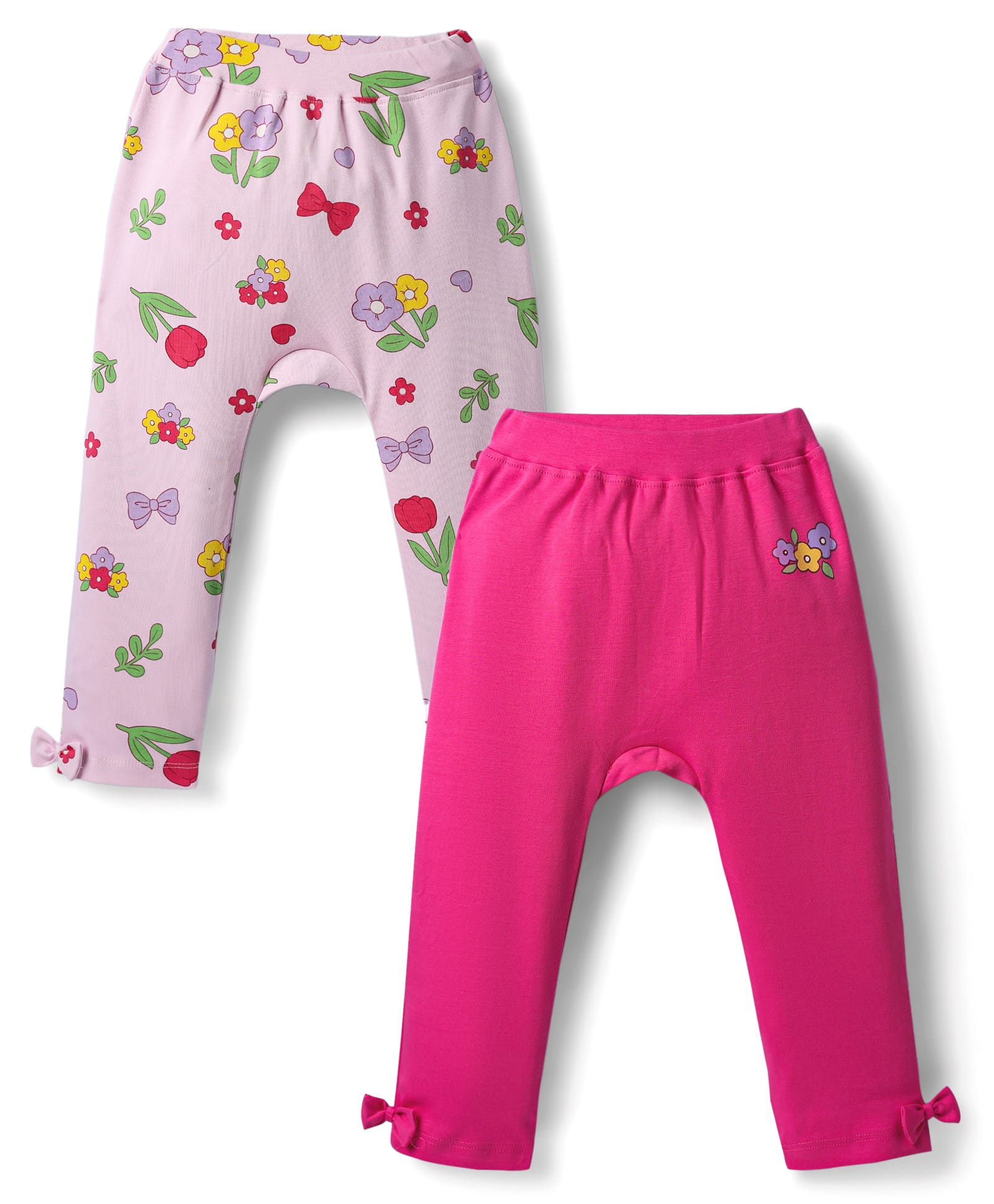 Babyoye 100% Cotton Interlock Knit Full Length Diaper Leggings With Floral Print & Bow Applique Pack Of 2 - Pink & Lavender-picture-15