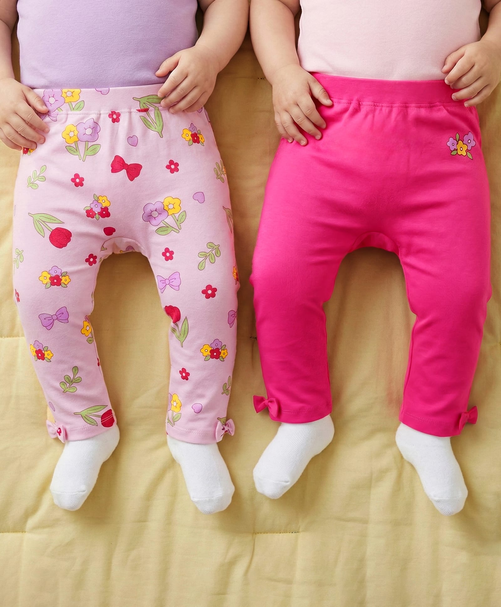 Babyoye 100% Cotton Interlock Knit Full Length Diaper Leggings With Floral Print & Bow Applique Pack Of 2 - Pink & Lavender-image-44