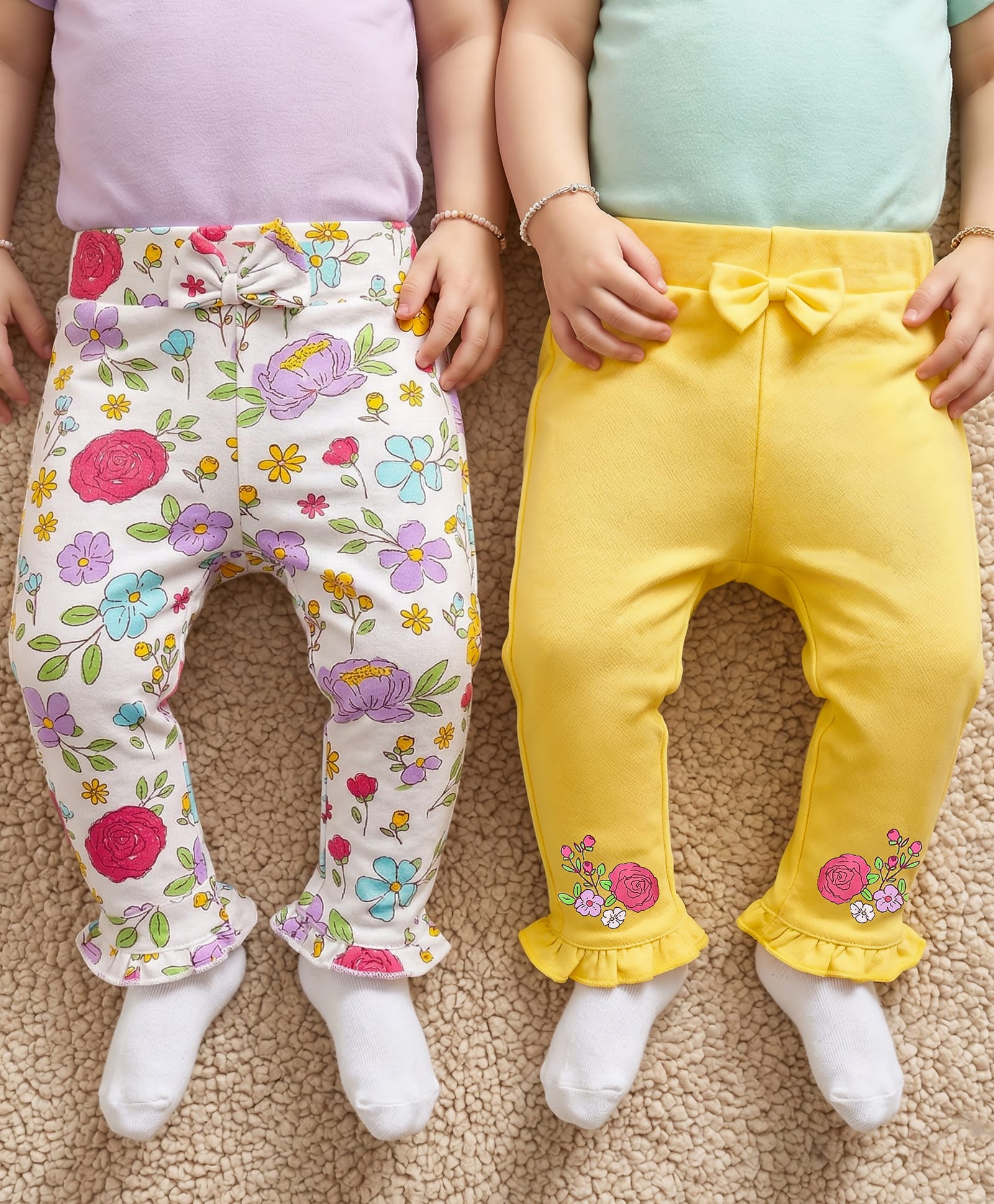 Babyoye Interlock Knit Full Length Floral Printed Diaper Leggings With Bow Pack Of 2 - Yellow & White-image-20