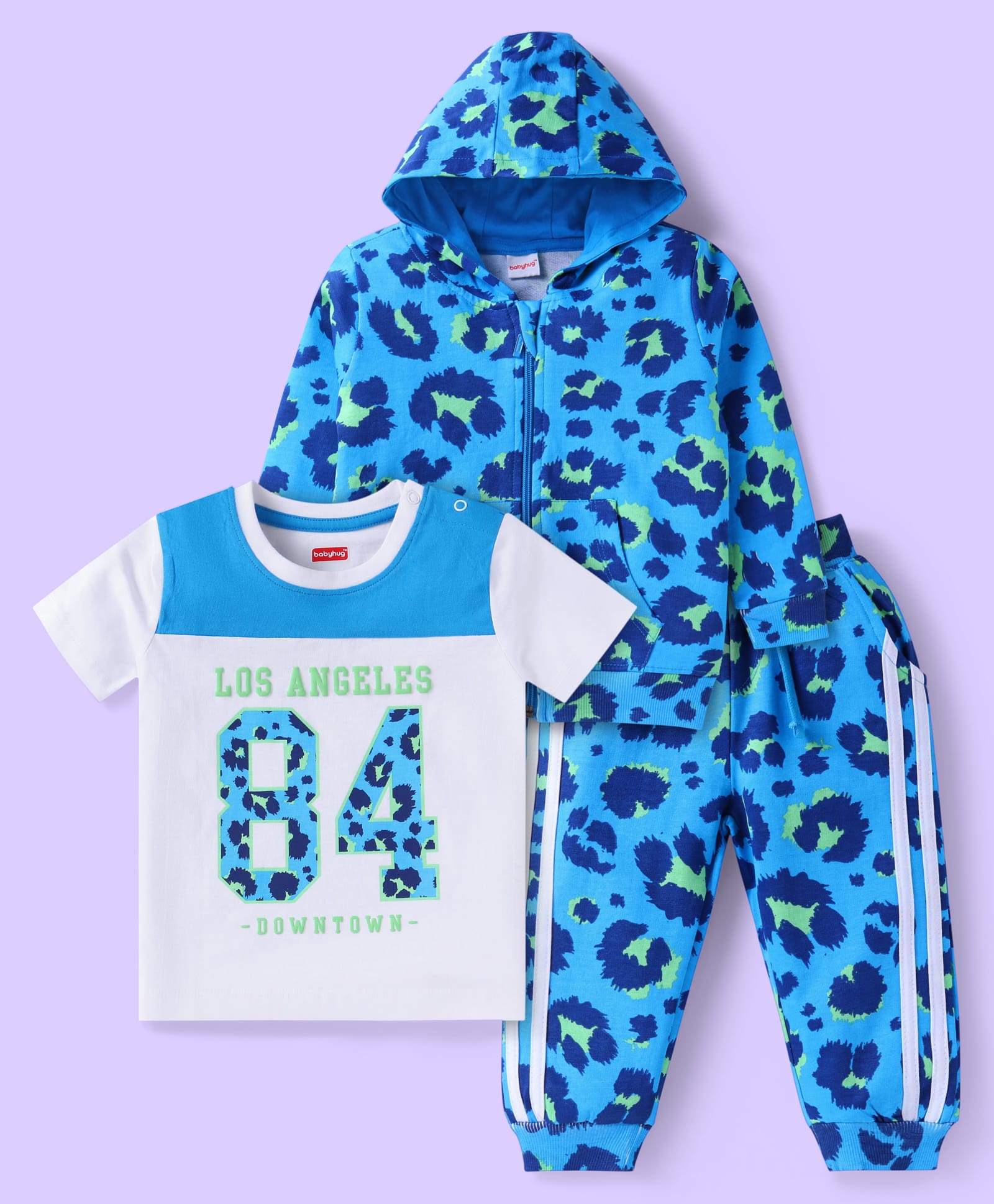 Babyhug Terry Knit Full Sleeves Hooded T-Shirt & Lounge Pant Set with Half Sleeves T-Shirt - Blue-image-40