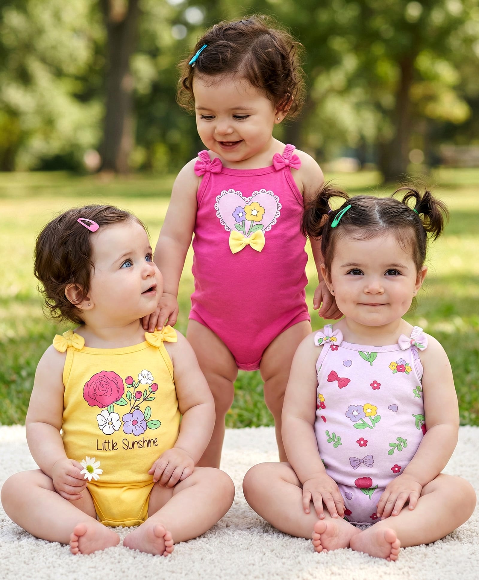Babyoye 100% Cotton Knit Sleeveless Onesies with Floral Print & Bow Applique Pack Of 3 - Pink & Yellow-image-19