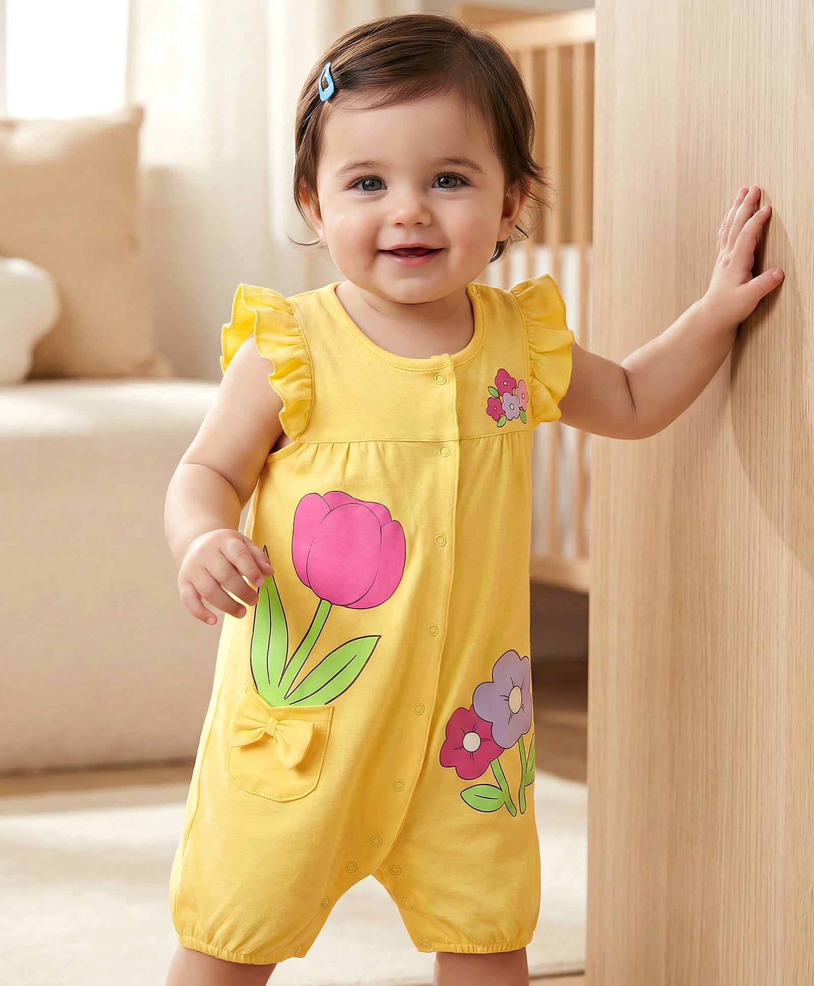 Babyoye 100% Cotton Knit Sleeveless Romper with Floral - Yellow-image-4