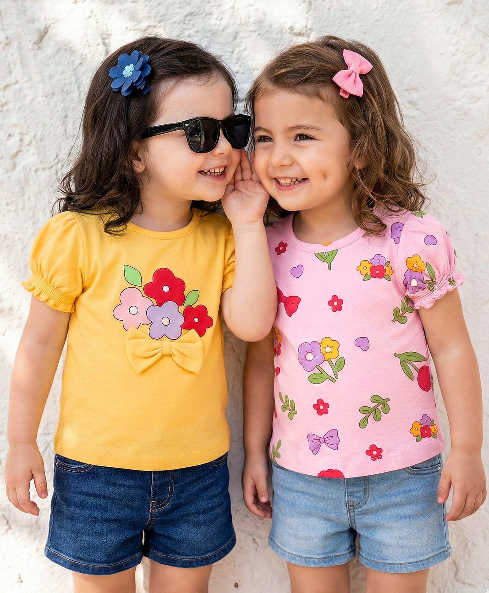 Babyoye 100% Cotton Knit With Eco Jiva Finish Half Puffed Sleeves T-Shirts with Floral Print & Bow Applique Pack of 2 - Yellow & Pink-picture-16