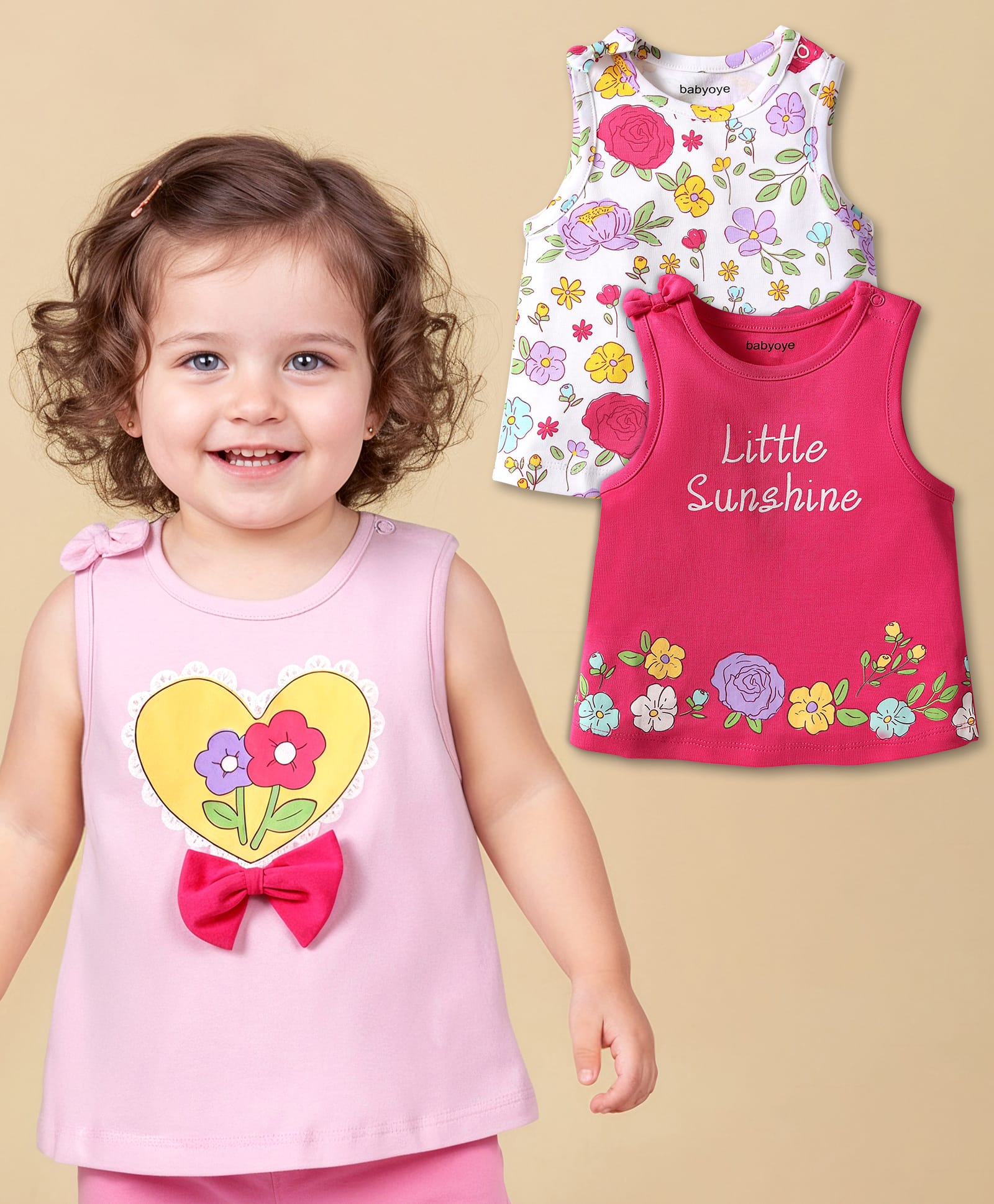 Babyoye 100% Cotton Knit Eco Jiva Sleeveless T-Shirts with Floral & Bow Applique Pack of 3 -Pink & White-picture-16