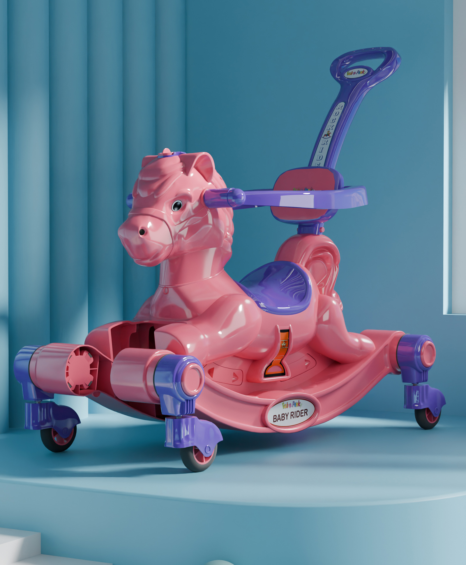 3 in 1 Baby Horse Rider Kids Ride On Car for Kids Push Ride on Toy with Rocker Push HandleRotating Head & Safety Bar - Peach-image-19