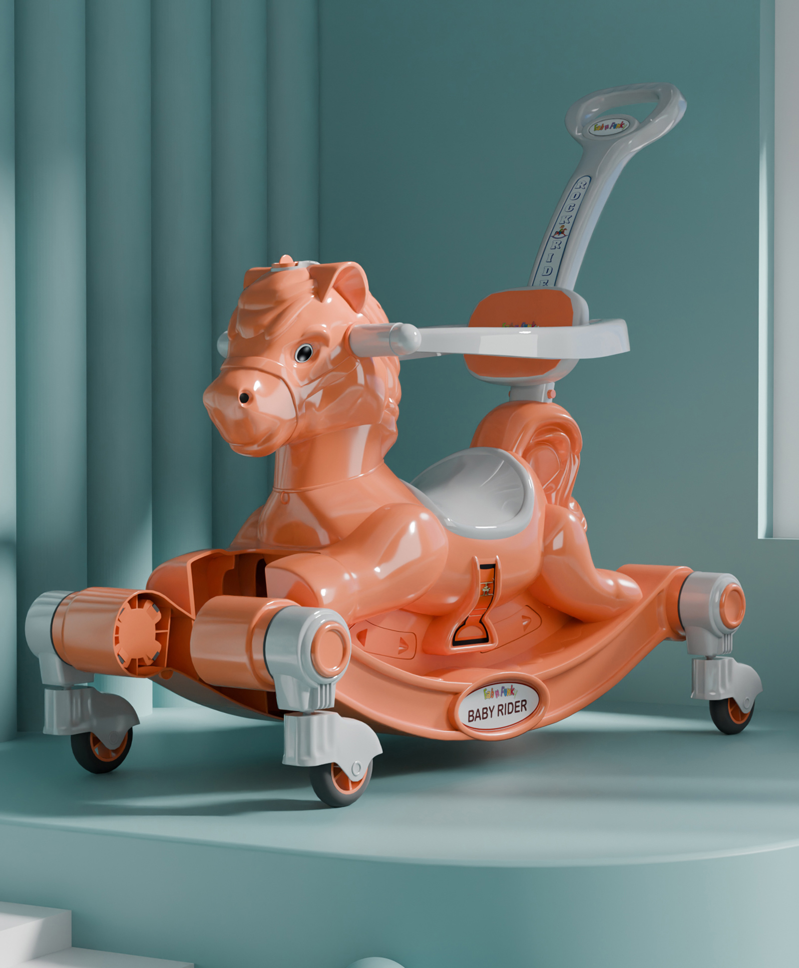 3 in 1 Baby Horse Rider Kids Ride On Car for Kids Push Ride on Toy with Rocker Push HandleRotating Head & Safety Bar - Orange-image-20