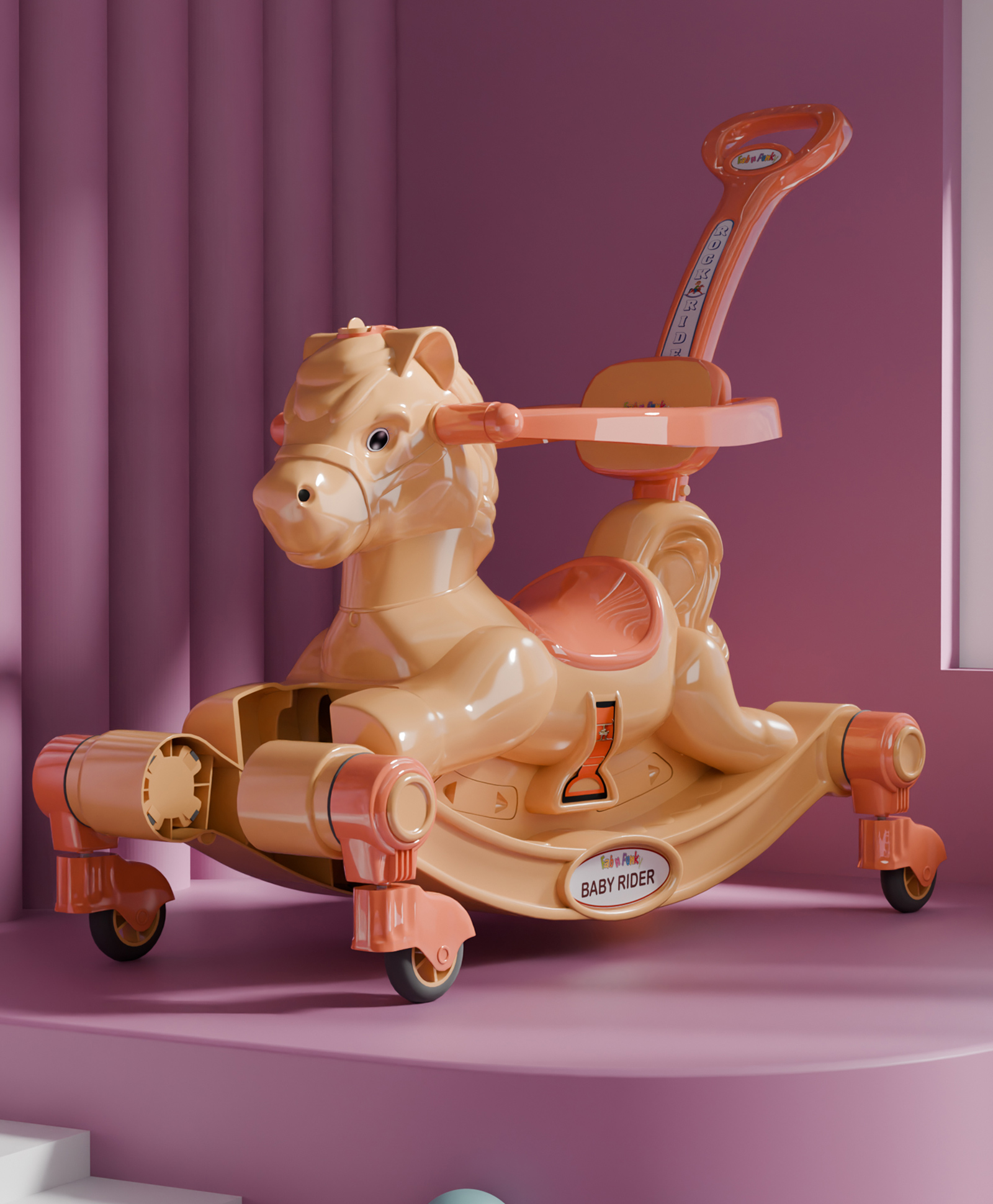 3 in 1 Baby Horse Rider Kids Ride On Car for Kids Push Ride on Toy with Rocker Push HandleRotating Head & Safety Bar - Cream-image-21