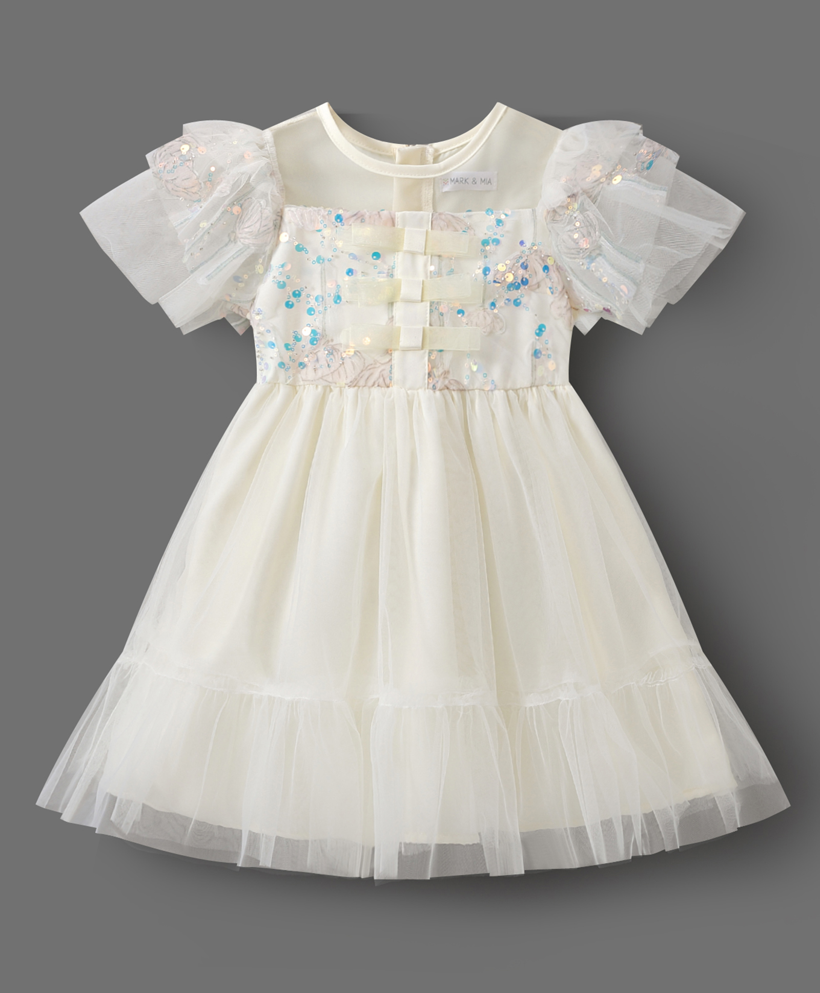 Mark & Mia Half Sleeves Party Frock with Sequin Design & Frill - Beige-image-19