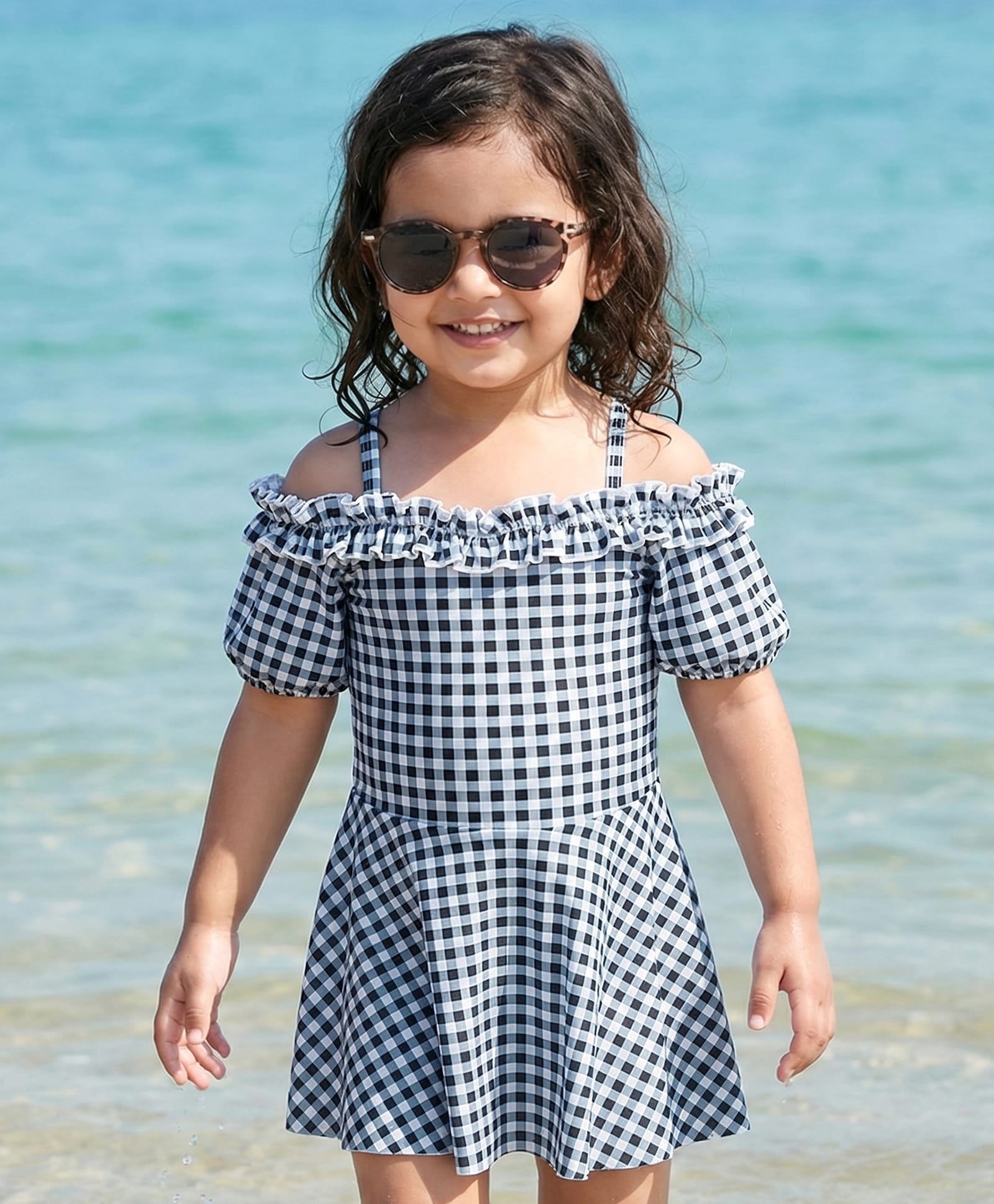 Babyhug Cold Shoulder Sleeves Checks Frock Swimsuit - Black & White-image-17