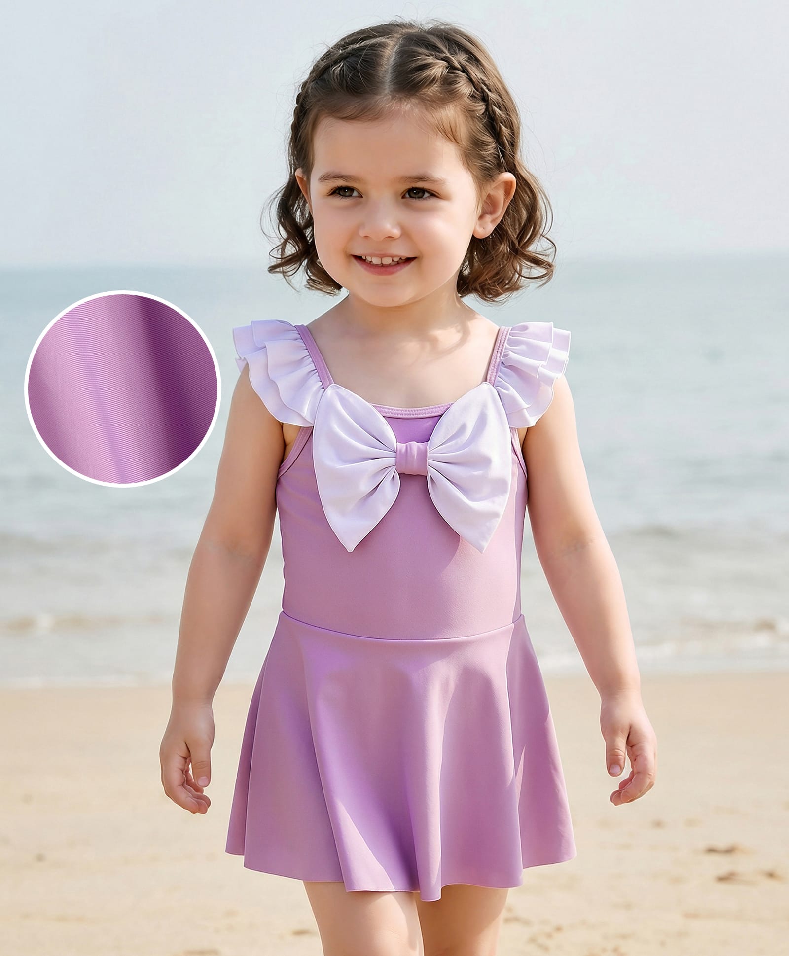 Babyhug Frill Sleeves Frock Swimsuit With Bow Applique - Purple-image-19
