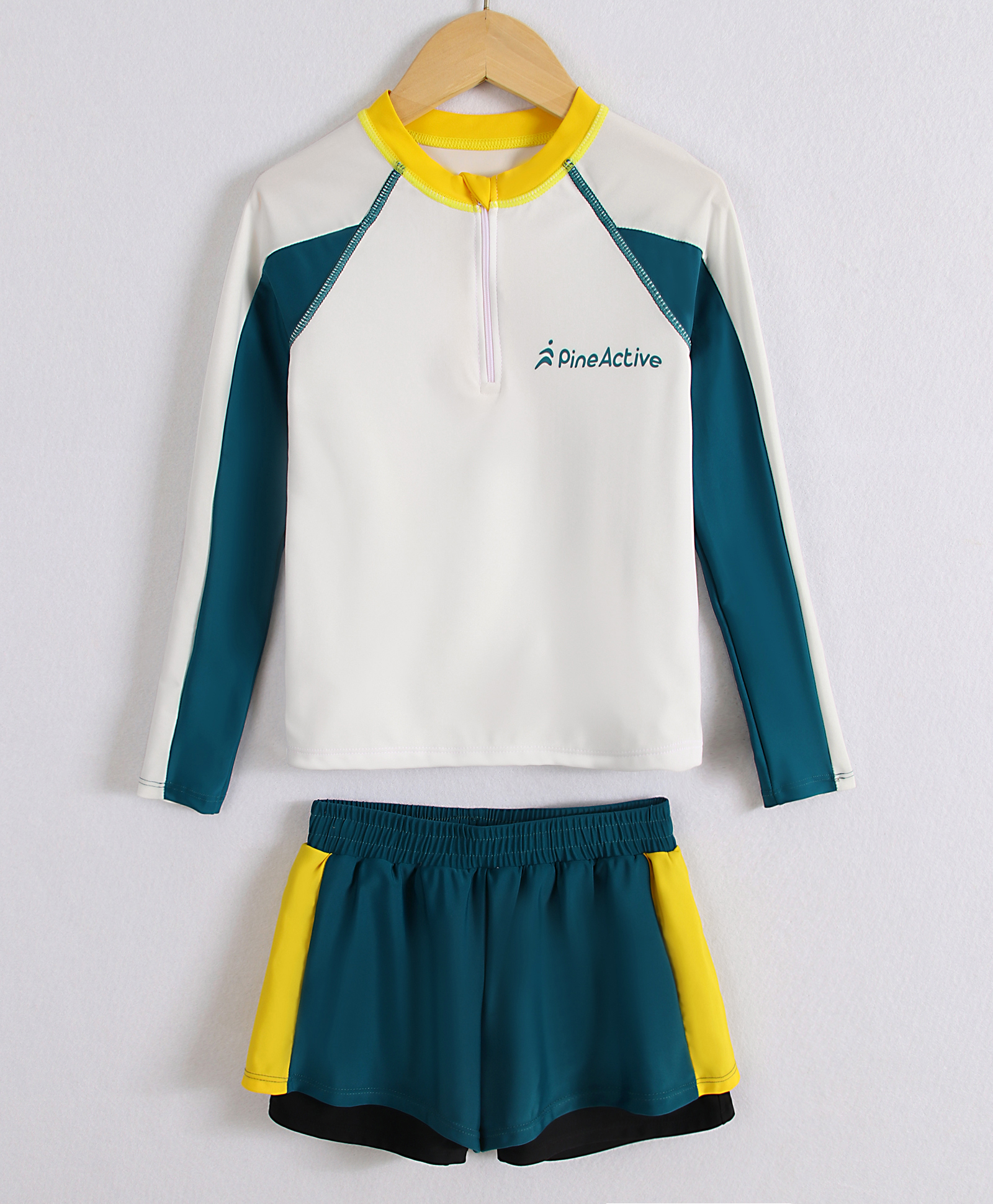 Pine Active Full Raglan Sleeves Two Piece Swimsuit With Logo Print - White & Dark Green-picture-37