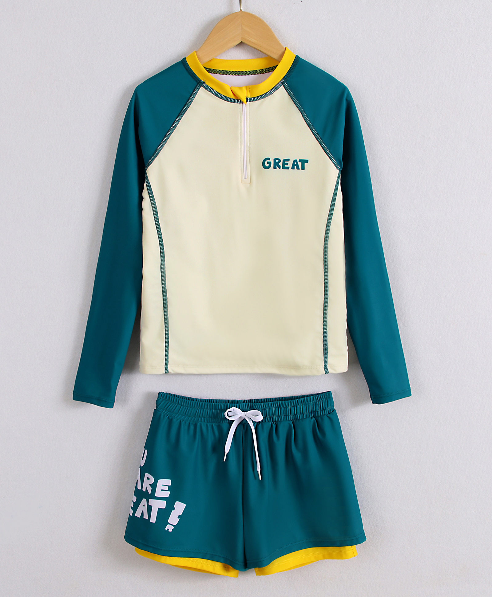 Pine Active Full Raglan Sleeves Two Piece Swimsuit With Logo Print - Teal Blue-image-8