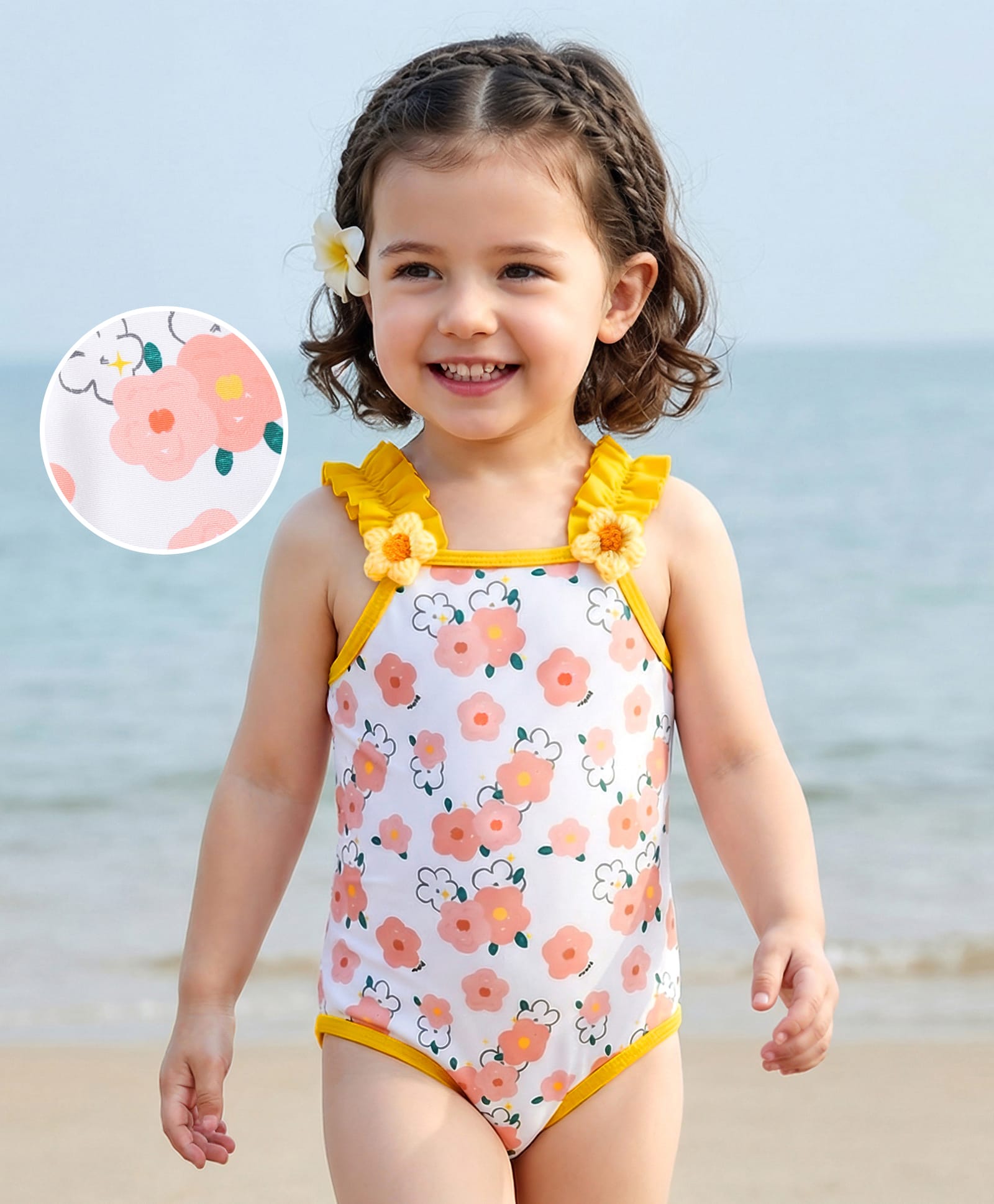 Mark & Mia Sleeveless V Cut Swimsuit With Floral Print & Applique - White & Yellow-picture-11