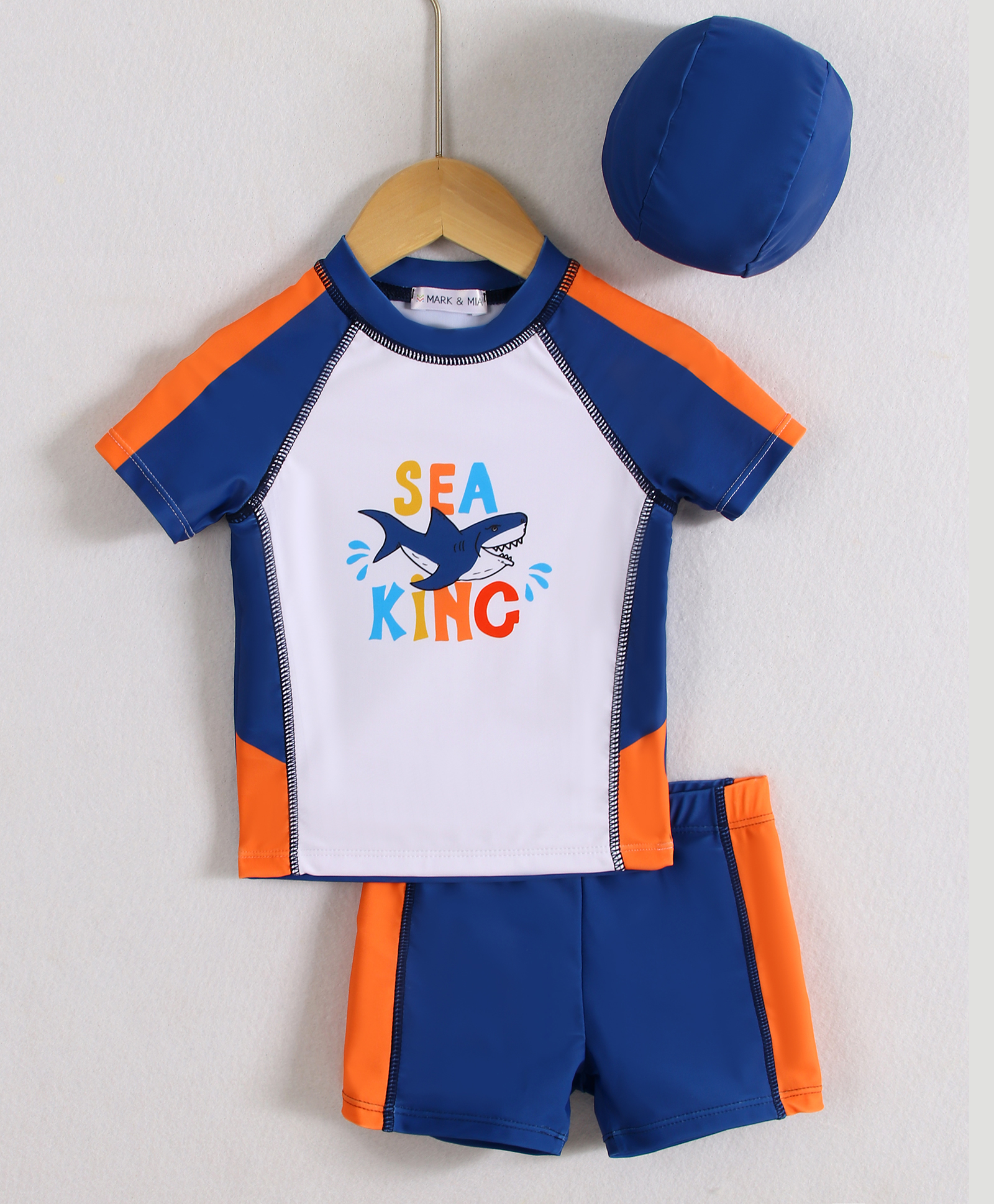 Mark & Mia Half Raglan Sleeves Two Piece Swimsuit With Shark Print & Swimming Cap - Blue-image-30