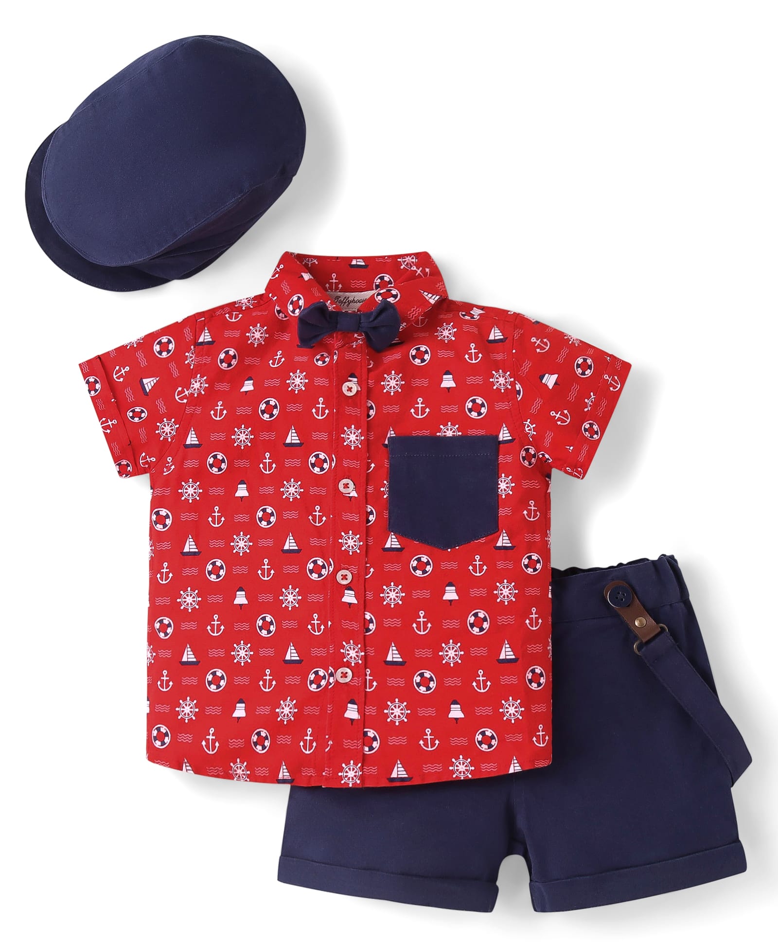 ToffyHouse Poplin Half Sleeves Nautical Printed Shirt with Shorts Suspenders & Cap Set - Red & Navy Blue-picture-28