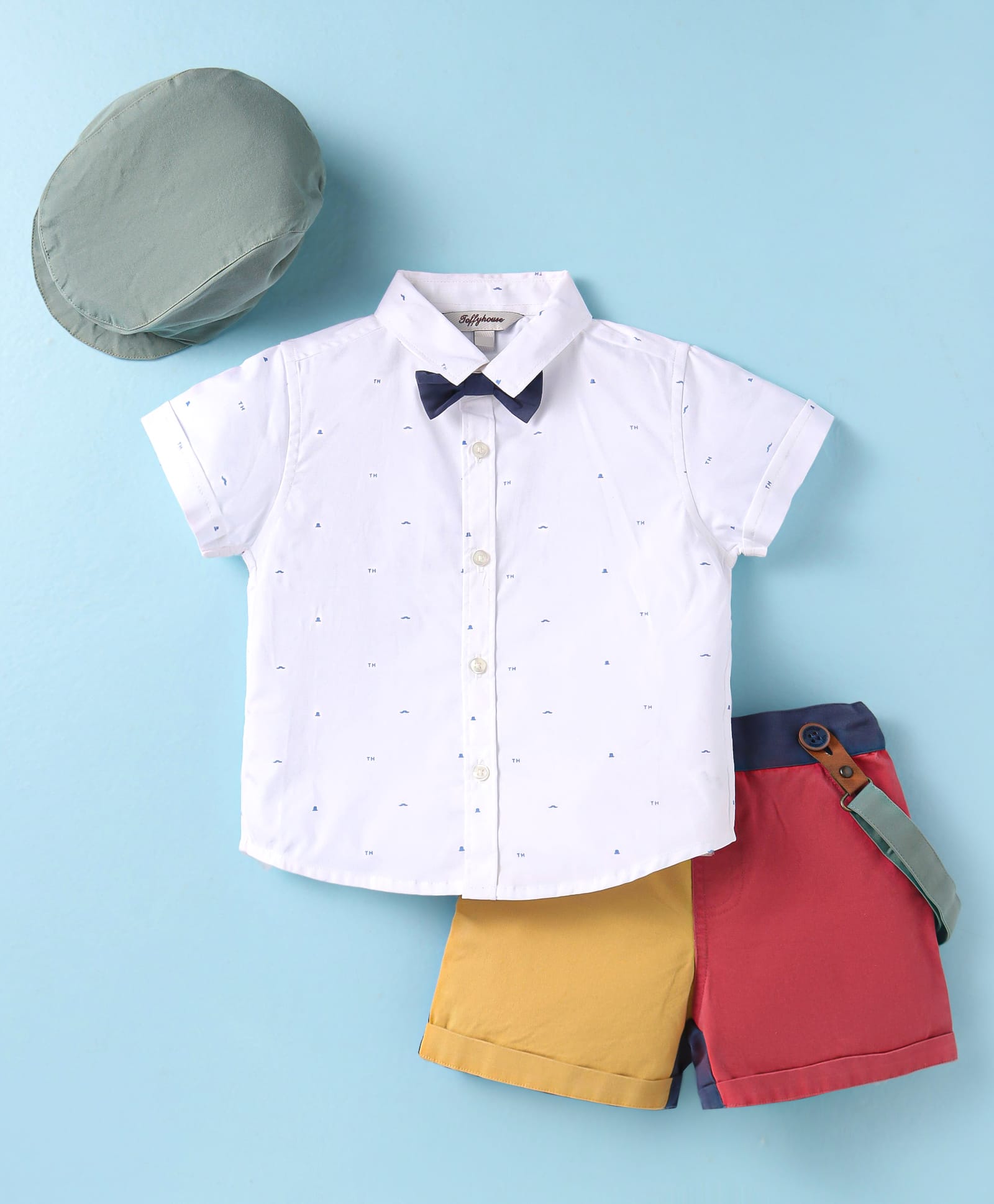 ToffyHouse Poplin Woven Half Sleeves Solid Colour Shirt & Shorts Set with Bow Hat & Suspender - Red & White-image-24
