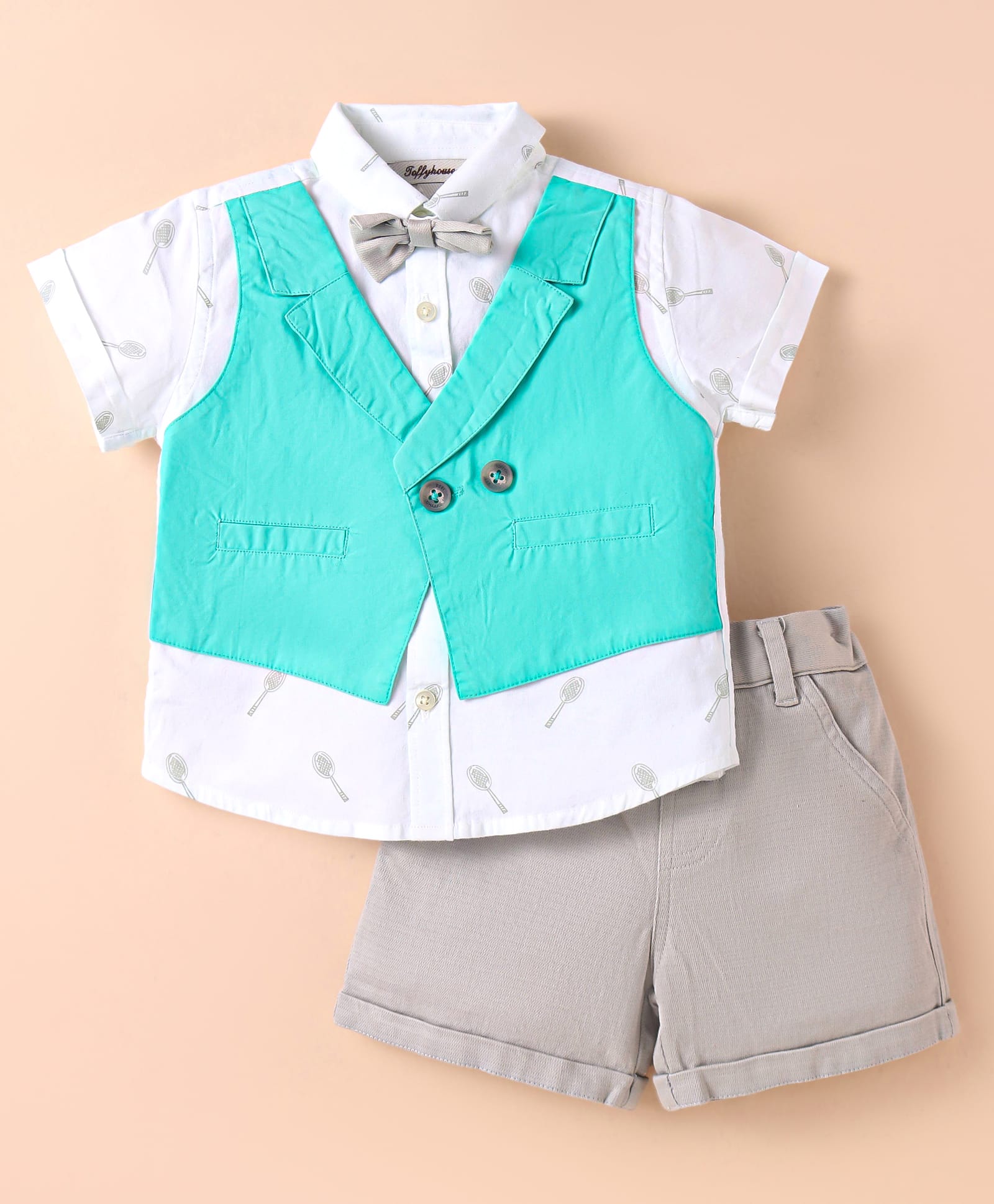 ToffyHouse Poplin Half Sleeves Shirt & Shorts Set with Attached Waistcoat & Bow - Sea Green-image-10