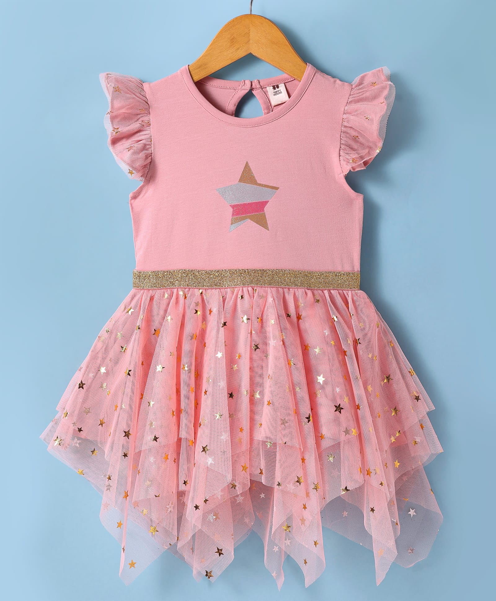 ToffyHouse Woven Frill Sleeves Dress with Star Foil Print - Light Peach-image-37