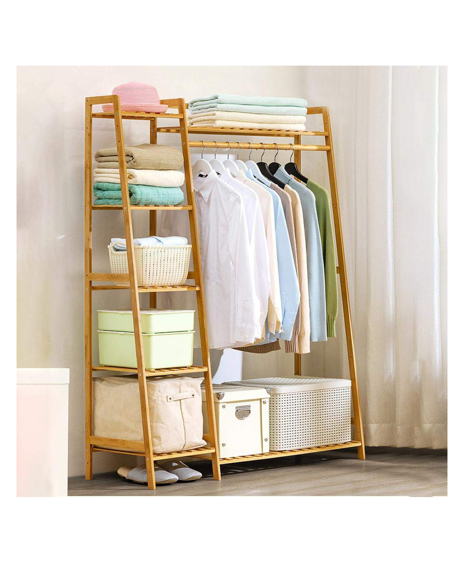 House of Quirk Bamboo Wood Garment Clothing Rack with 5 Tiers Storage Shelf Corner Hanging Rack (Light Brown, 130CM) DIY Rack-image-5