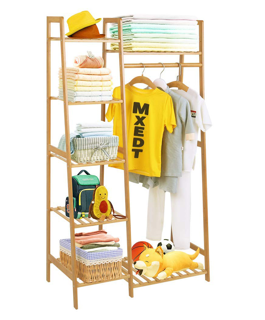 House of Quirk Bamboo Wood Ladder Design Garment Rack Clothing Rack with 5 Tiers (80cm Width, Brown)-picture-30