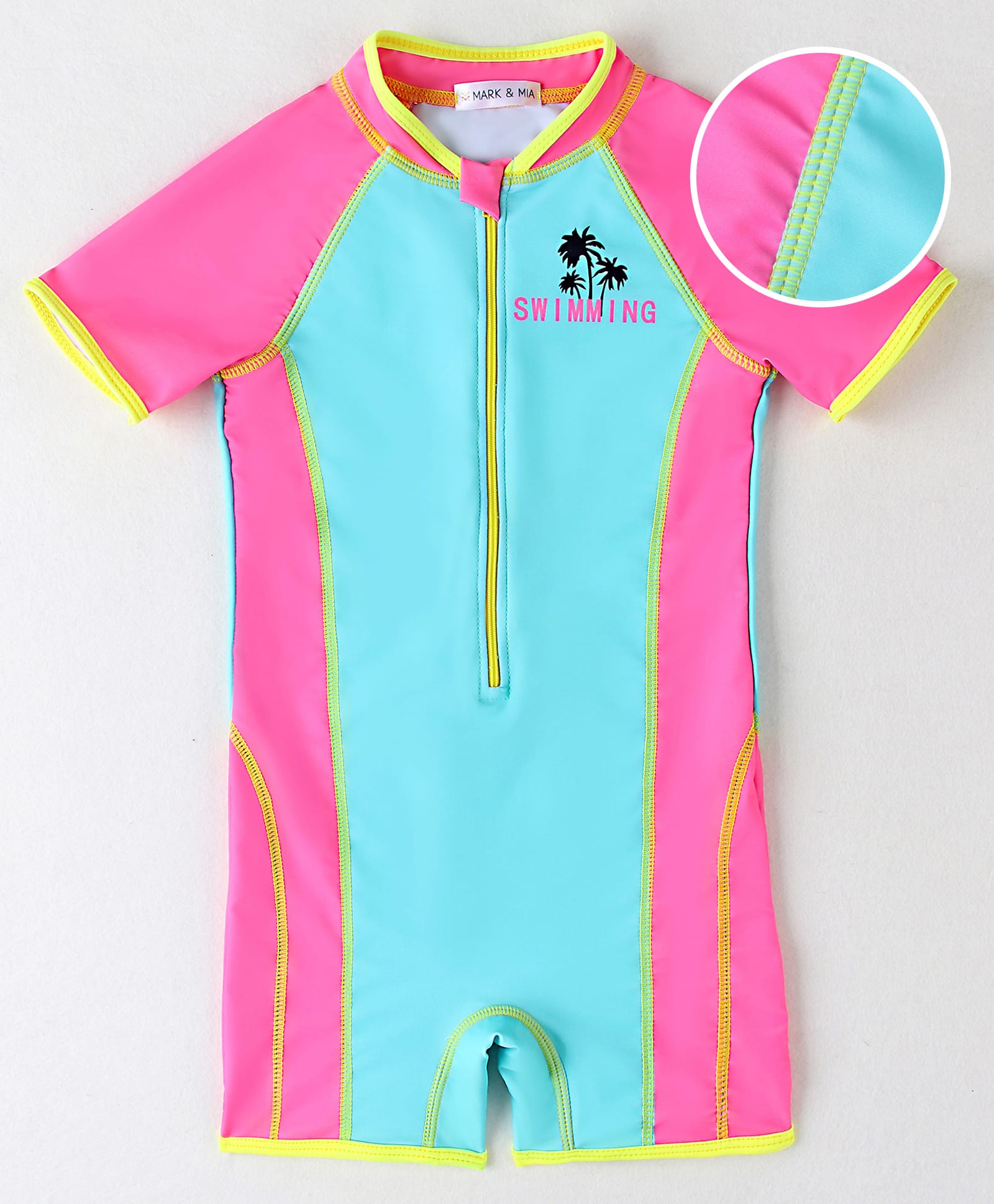 Mark & Mia Half Raglan Sleeves Legged Swimsuit With Color Block Design - Aqua Blue & Pink-image-41