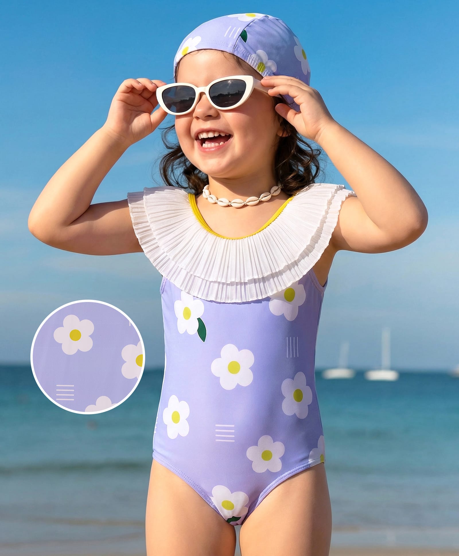 Mark & Mia Sleeveles V Cut Swimsuit & Cap with Floral Print & Frill - Light Blue-image-15