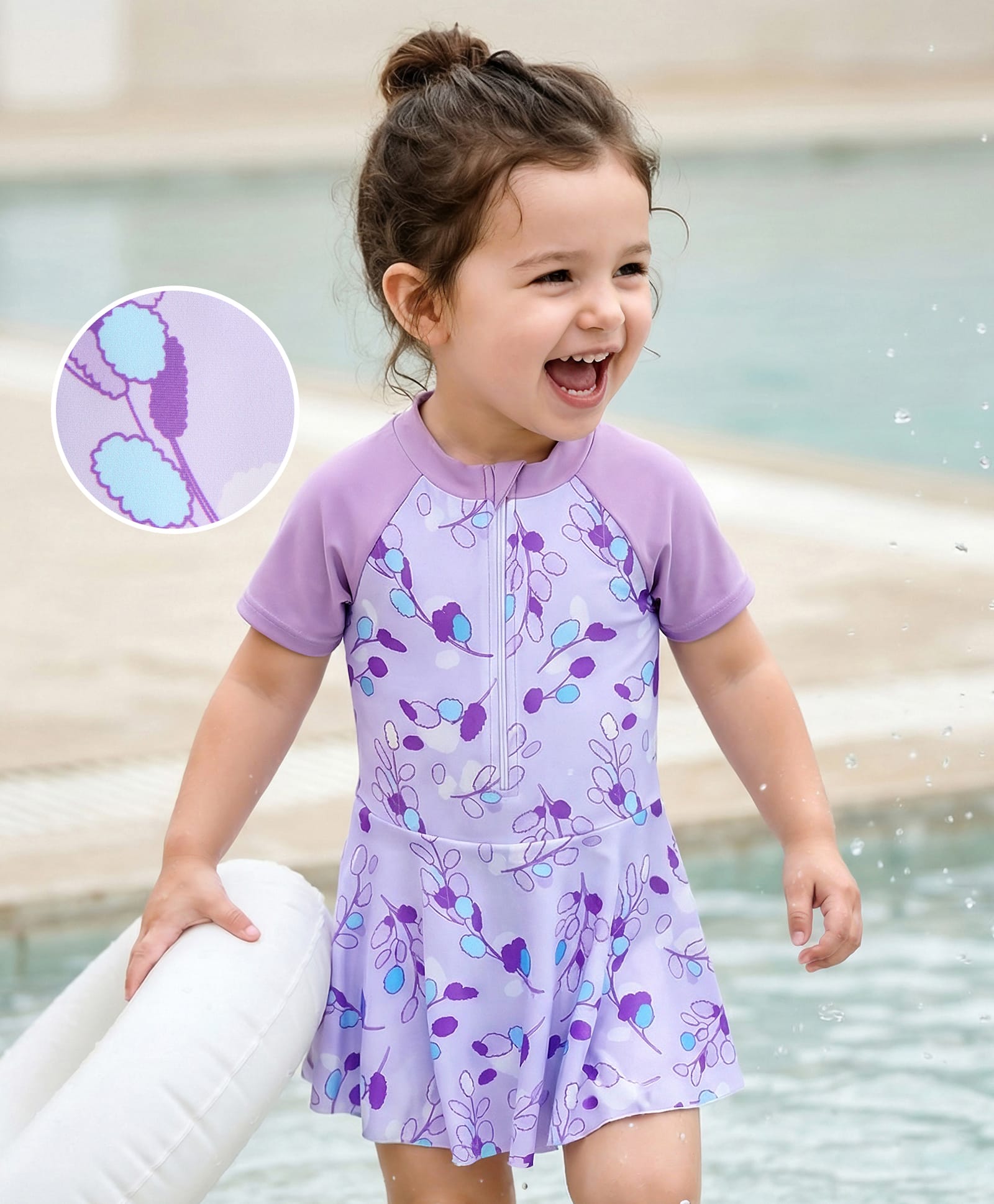 Mark & Mia Half Sleeves Frock Swimsuit With Leaves Print - Blue-image-37