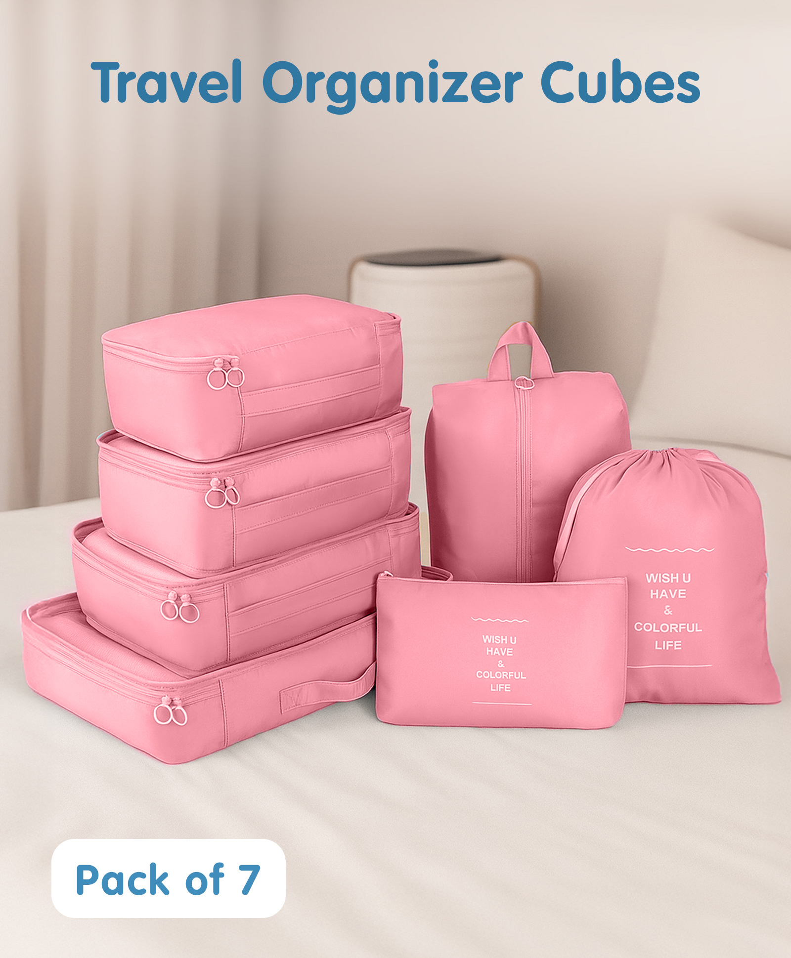 fab n funky Packing Cubes 7 Pieces Travel Luggage Packing Organizers Set with Toiletry Bag - Pink-picture-23