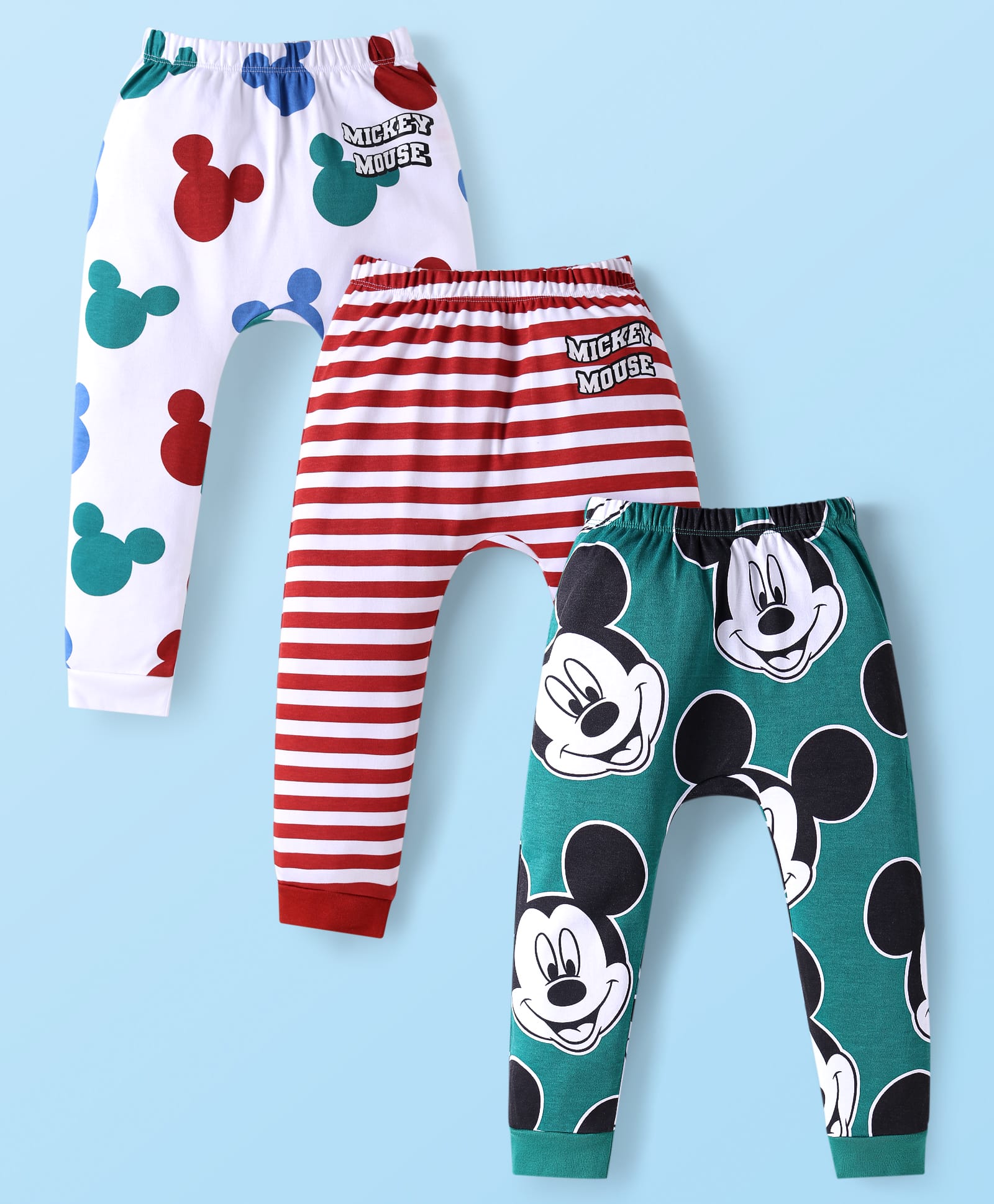 Babyhug Disney Interlock Knit Full Length Diaper Leggings With Mickey Mouse Graphics Pack of 3 - Green Red & White-picture-15
