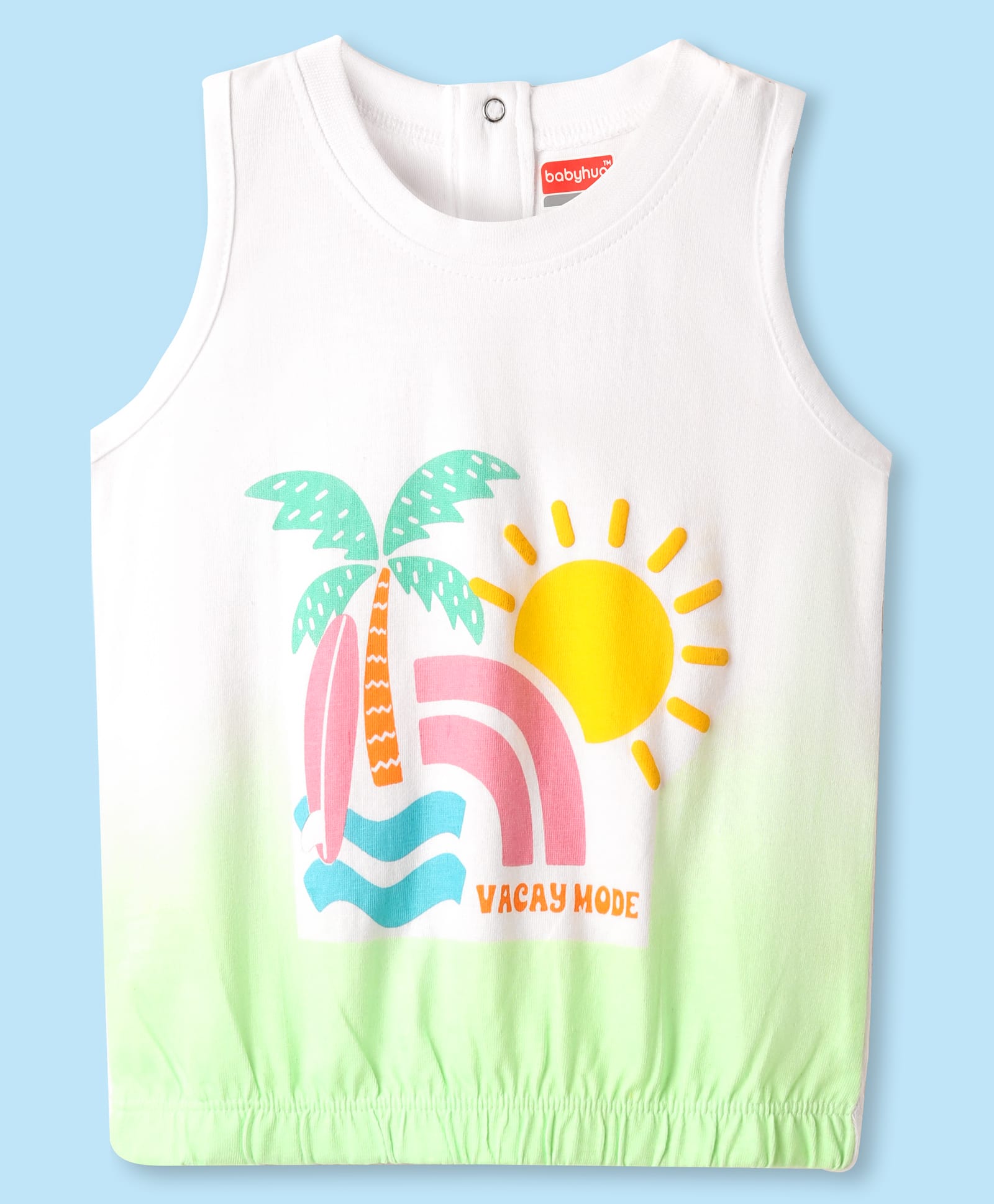 Babyhug Cotton Knit Sleeveless Tank T-Shirt with Beach Theme Print - White-picture-14