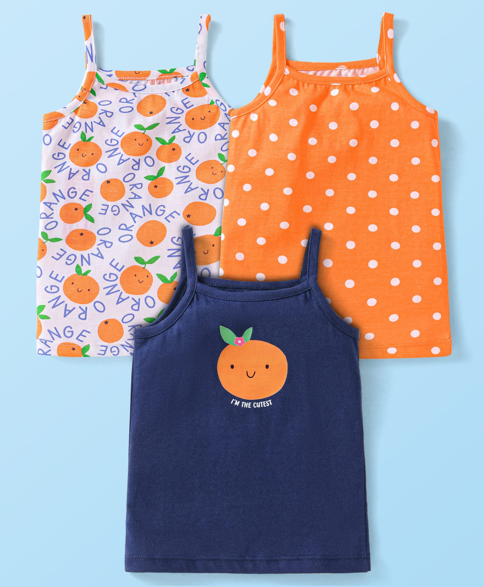Babyhug 100% Cotton Knit Singlet Sleeves Tangerine & Polka Dots Printed Slips Pack of 3 - Orange & Navy Blue-image-44
