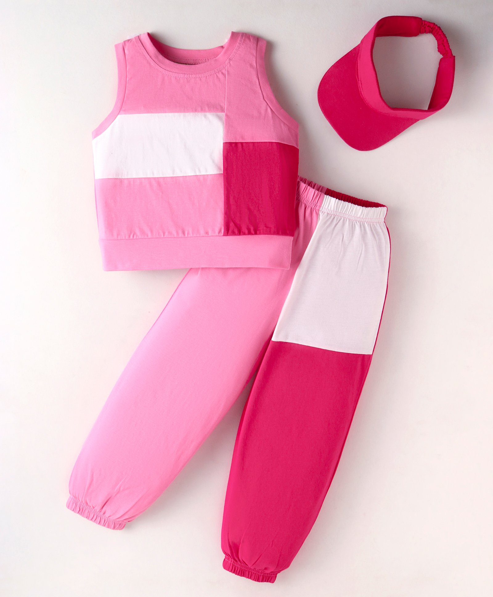 Tiara Sleeveless Cotton Jersey Colour Blocked Tee With Coordinating Joggers & Cap - Pink-picture-28