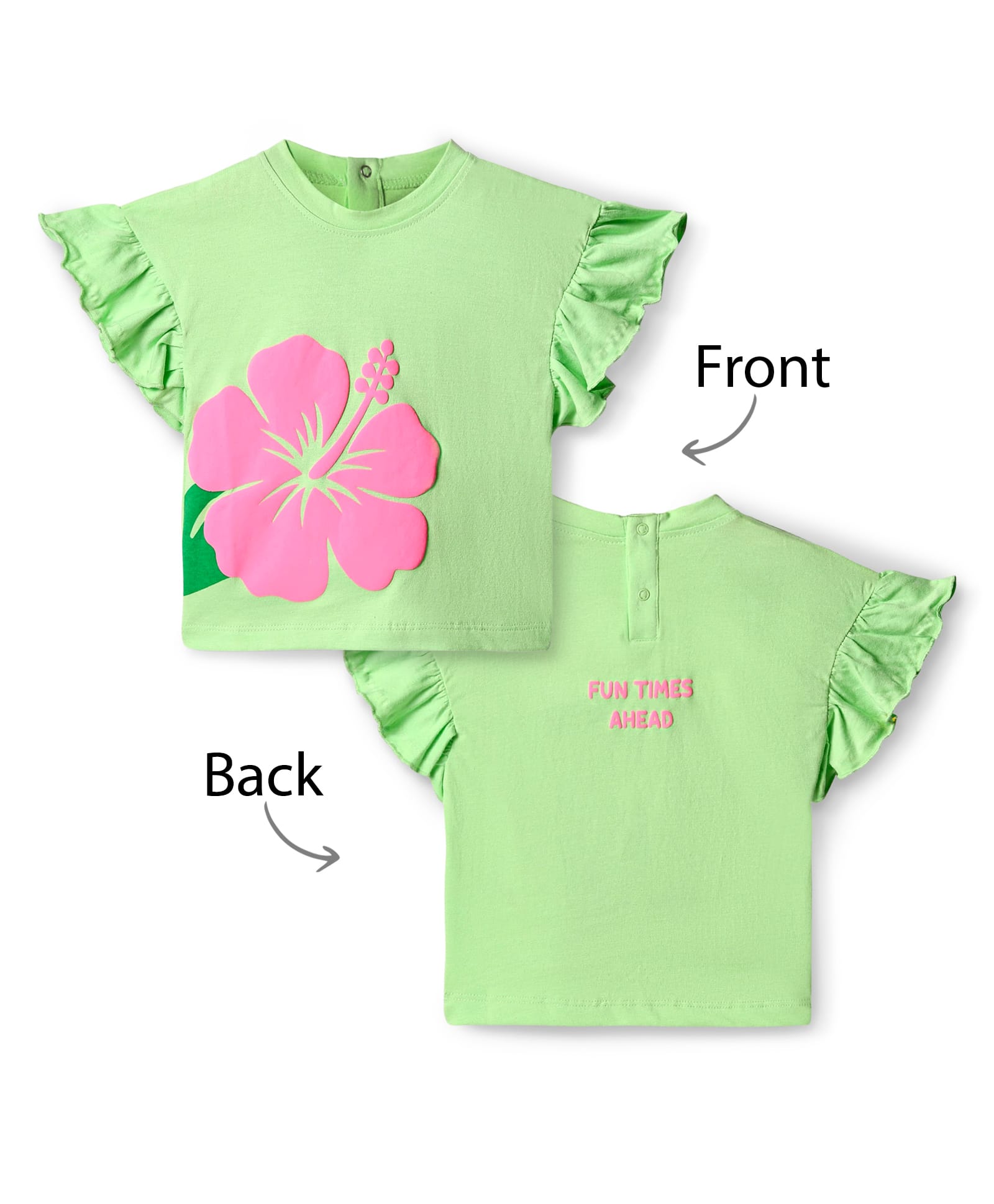Babyhug Cotton Knit Frill Sleeves T-Shirt With Floral Print - Light Green-picture-27