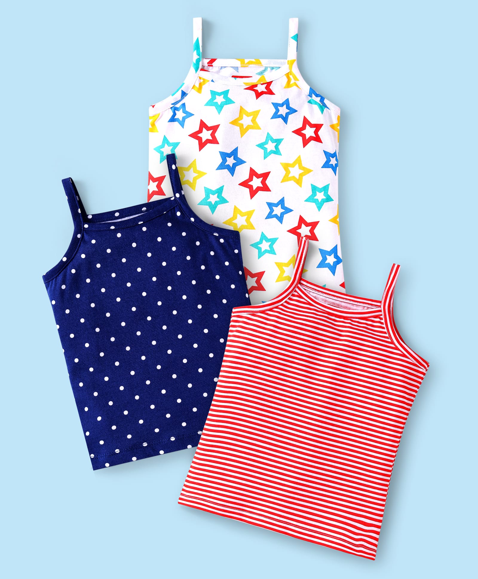 Babyhug Single Jersey Knit Sleeveless Slips With Stars & Polka Dot Print Pack pf 3 - White Blue & Red