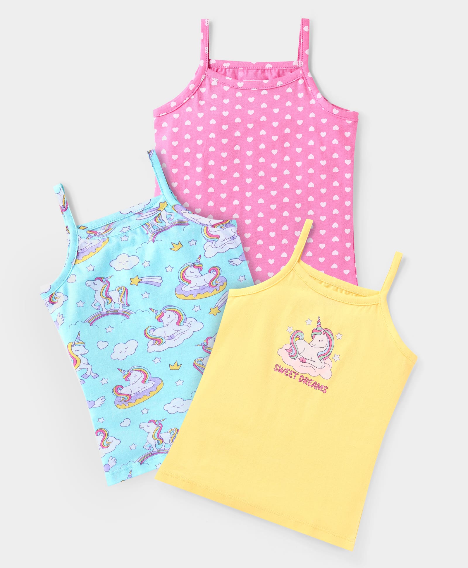 Babyhug 100% Cotton Knit Singlet Sleeves Slips with Unicorn & Hearts Print Pack of 3- Aqua Blue Pink & Yellow-image-26