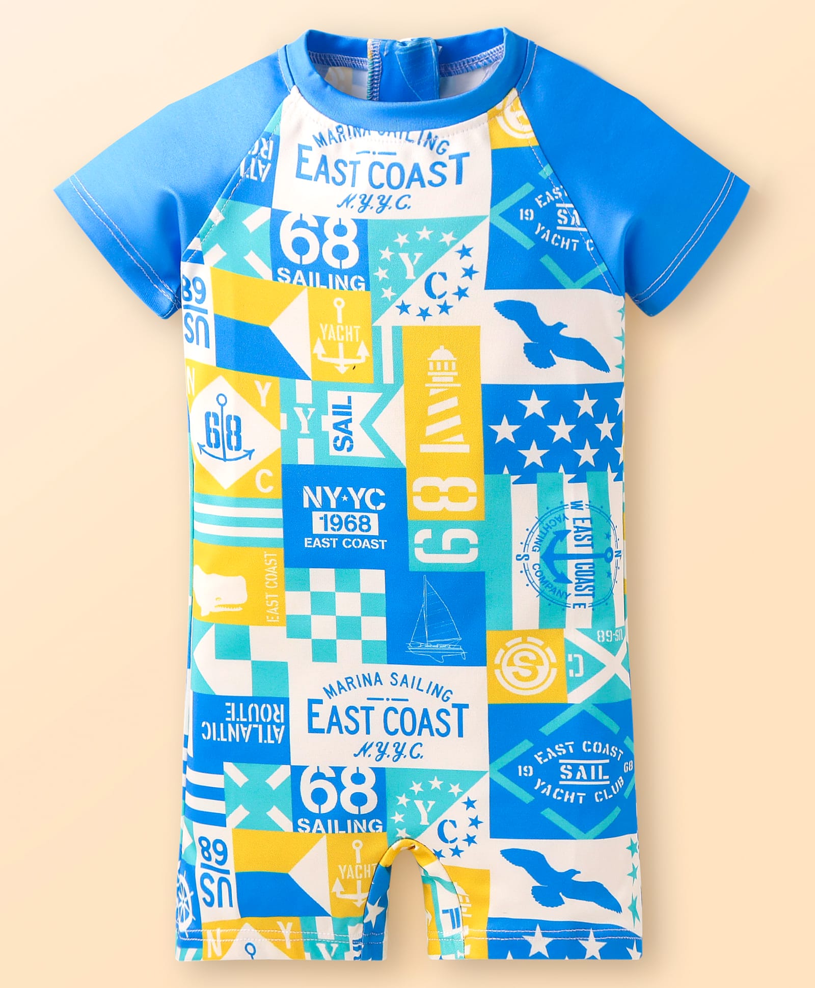 Babyhug Half Raglan Sleeves Water Repellent Legged Swimsuit with Nautical Theme Print - Blue-picture-22